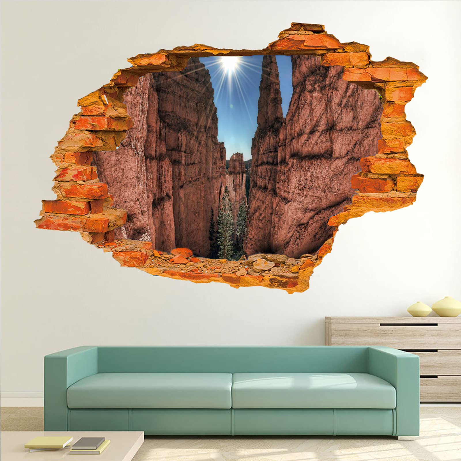 Soleil Sticker Mural 3D Rochers Autocollant De Tatouage Mural Brisé Décor De Chambre À Coucher Pour Garçons Autocollants Muraux Nature Pour Bébé Pépinière Fille Enfants Chambre Mur Décors 80x120cm