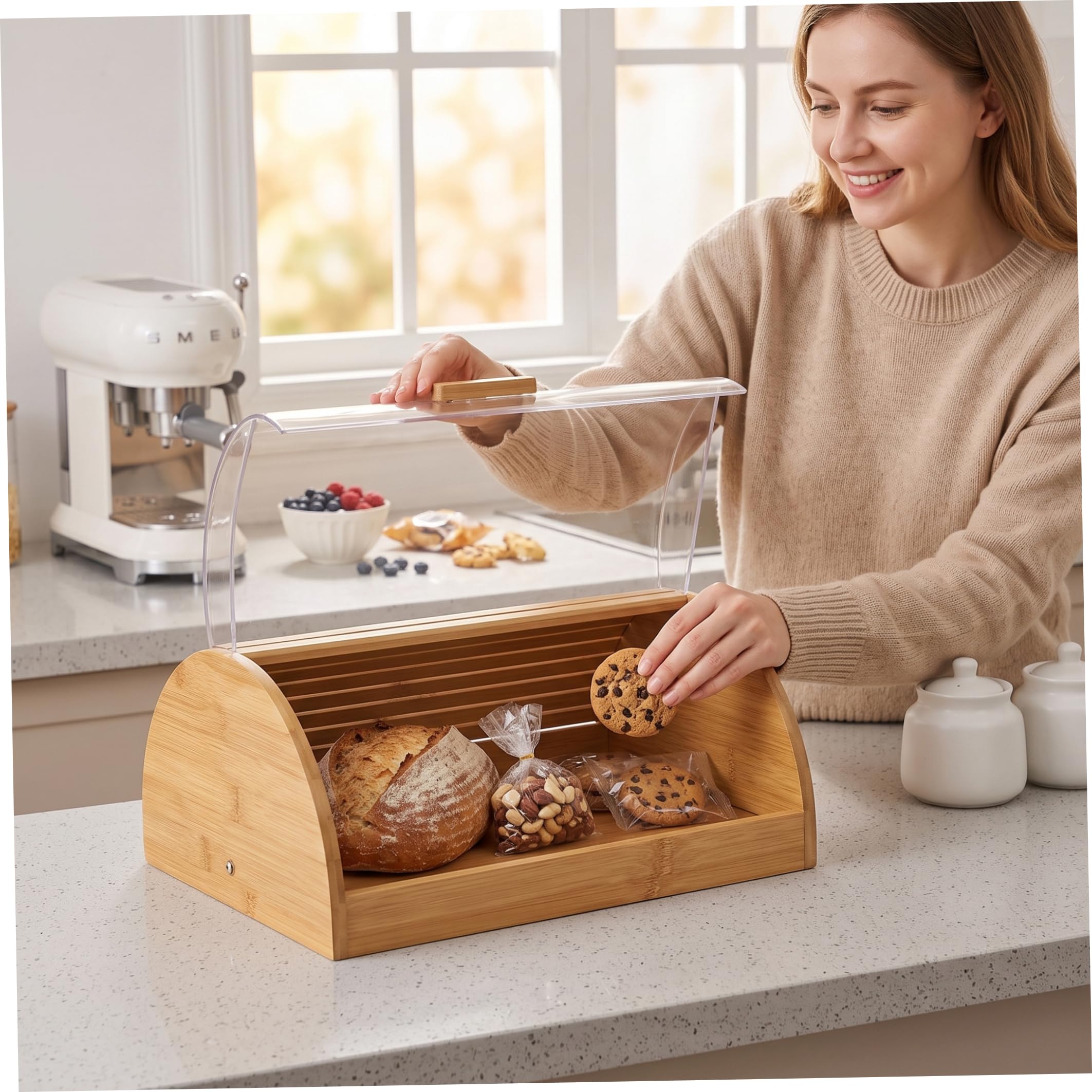 Cajas de pan espacioso soporte para pan de bambú natural con tapa transparente