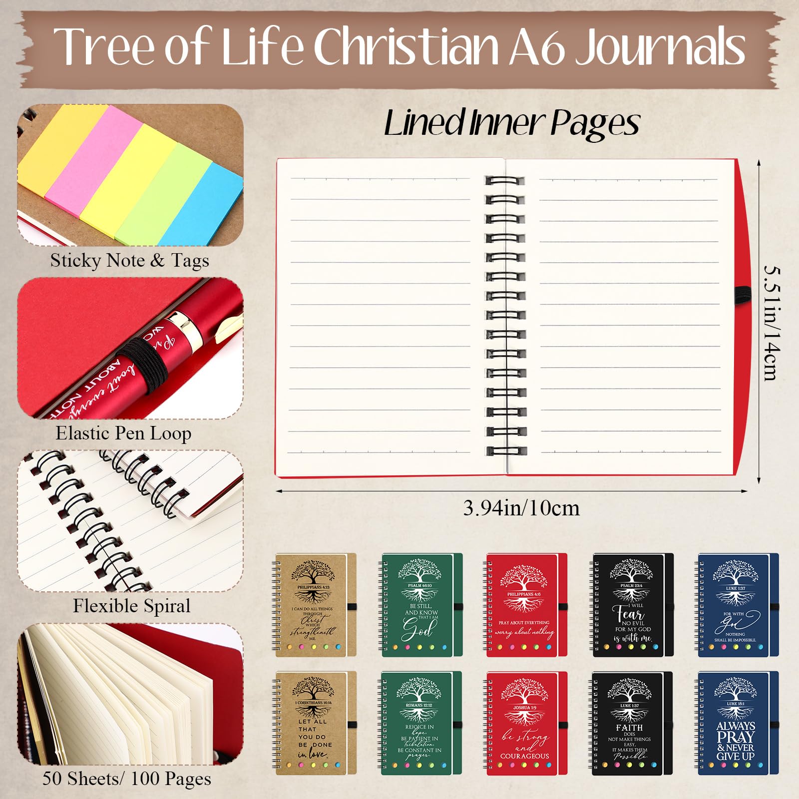 Dunzoom 100 cuadernos de oración de regalo cristiano con notas adhesivas, bolígrafos para estudio bíblico, árbol religioso de la vida, diario A6, regalo inspirador para la escuela de la iglesia
