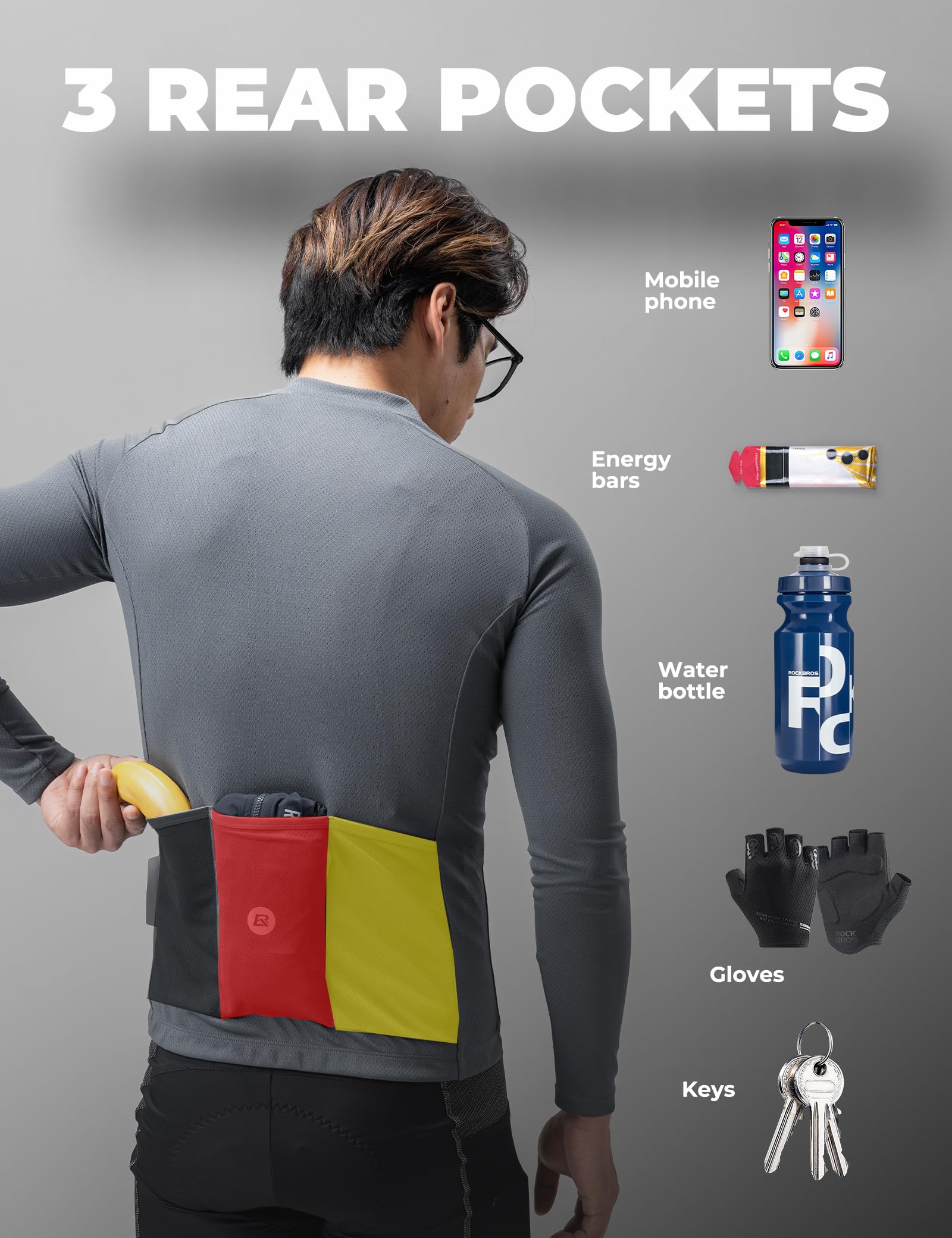 ROCKBROS Maglia da ciclismo a maniche lunghe da uomo, leggera e traspirante