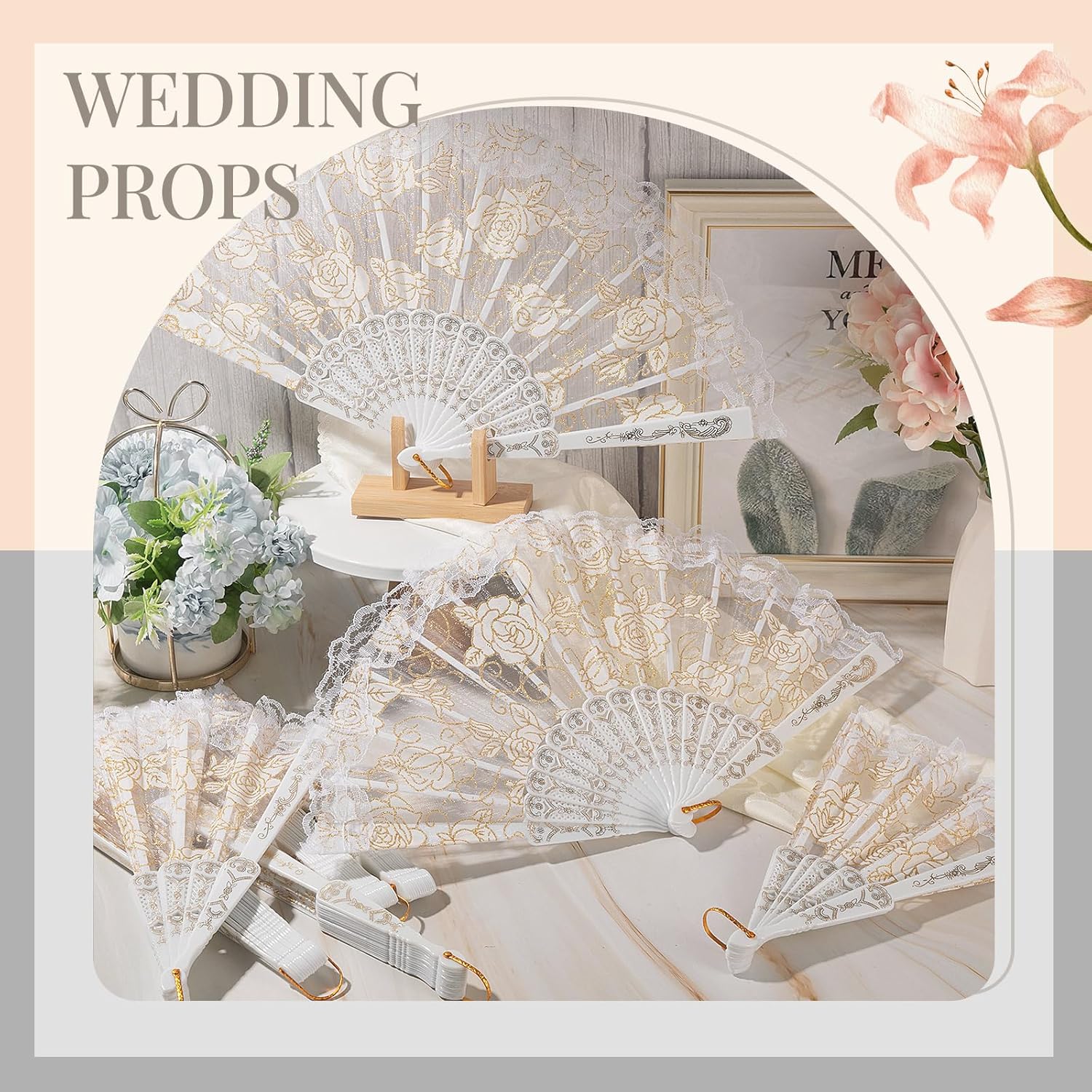 Beeveer 24 Pack Lace Folding Hand Fans, 16.7" x 9.1" Open Size Vintage Folding Hand Fans for Wedding Bridal Shower Favors, Party Supplies(White,Classic Style)