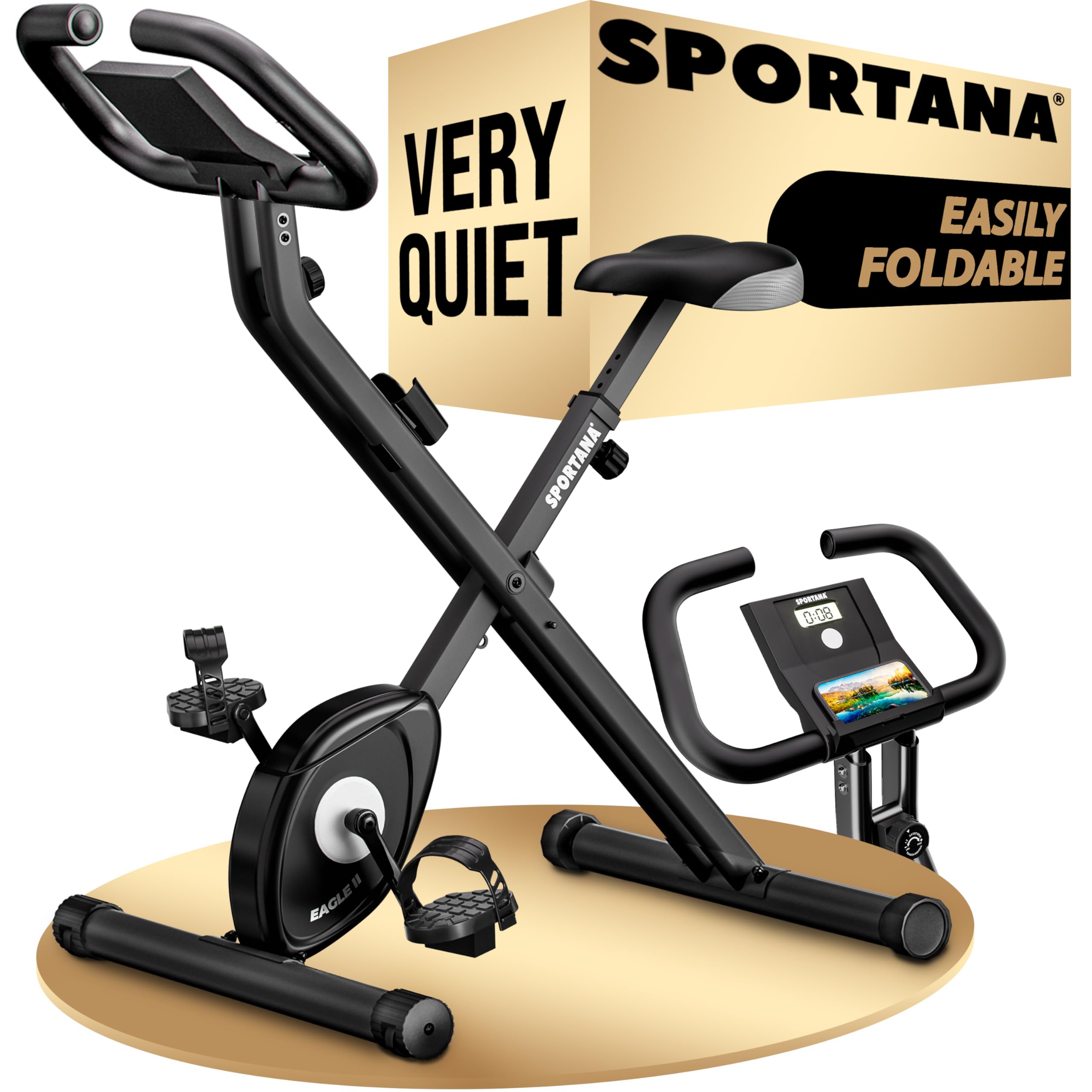 SPORTANA® Eagle 2 Foldable Exercise Bike | 2x Exercise Band | Adjustable Resistance Home Gym Equipment 10 Levels Pilates Equipment Static Electric Bike Battery Operated LCD Display | Home Gym Workouts