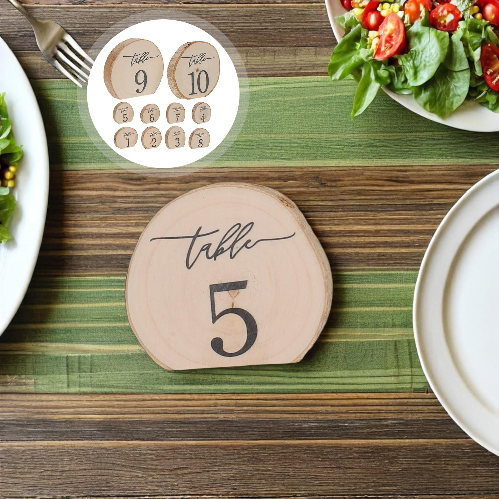 Numeri Tavolo Rustici Semicircolari in Legno 10 Pezzi Beige | Bark Naturale, Posizionamento Stabile, Uso per Compleanni e Anniversari, Finitura Artigianale