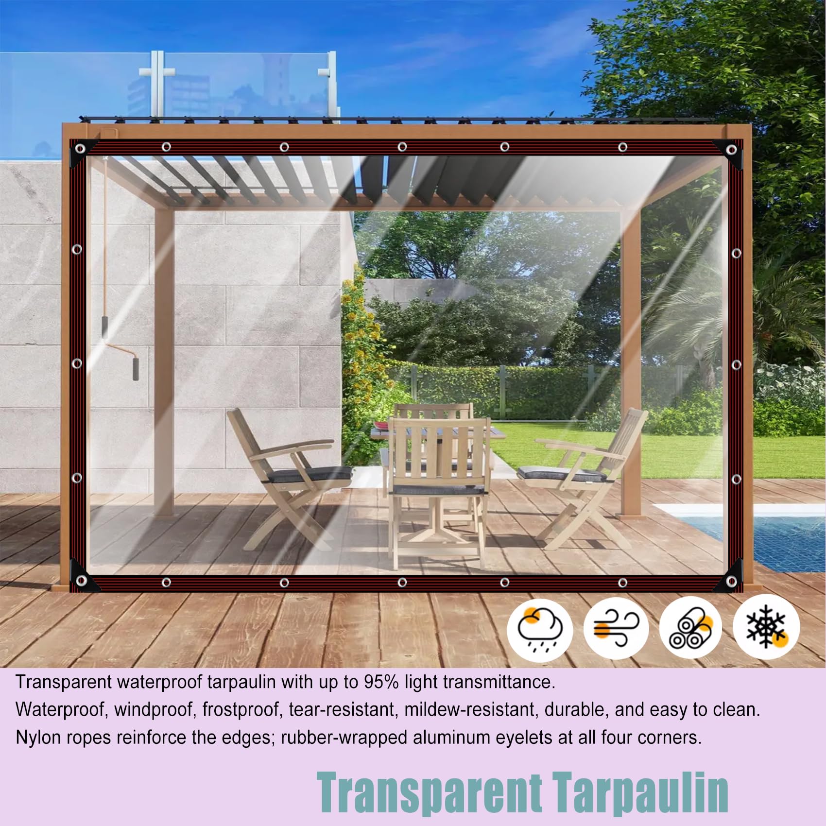 Transparente Plane mit Ösen 505 x 825 cm, Wasserdicht Durchsichtig UV Best Ndig, Schimmelresistent, Größen Wählbar, wasserdichte Plane Transparent, mit Bindeseil für Gartenmöbel Pavillon Pool, A