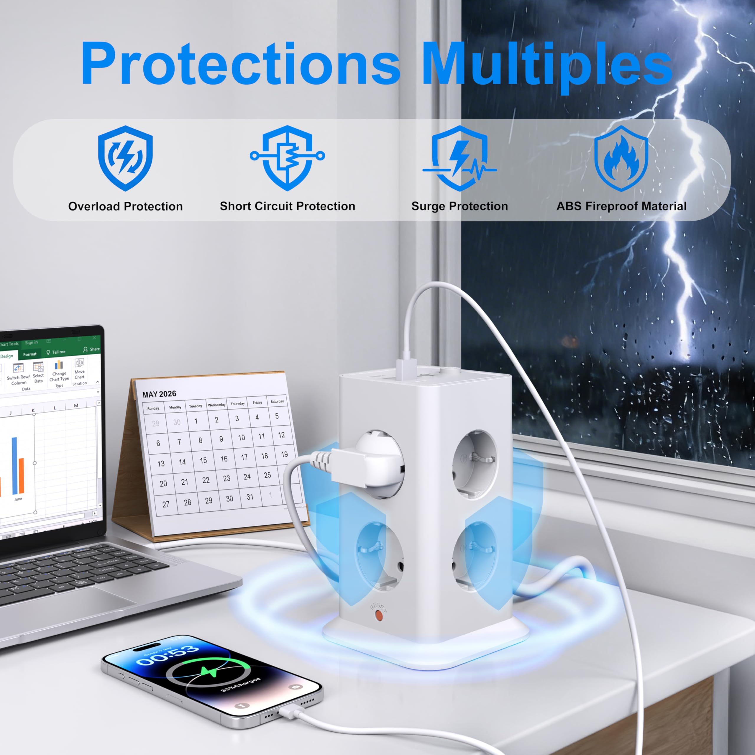 5M Ciabatta Elettrica Multipresa,8 Prese ITA e Schuko,3USB‑A+1USB‑C Bianco | Presa multipla torretta verticale 16A 3680W, interruttore generale, protezione sovratensione, cavo prolunga lungo