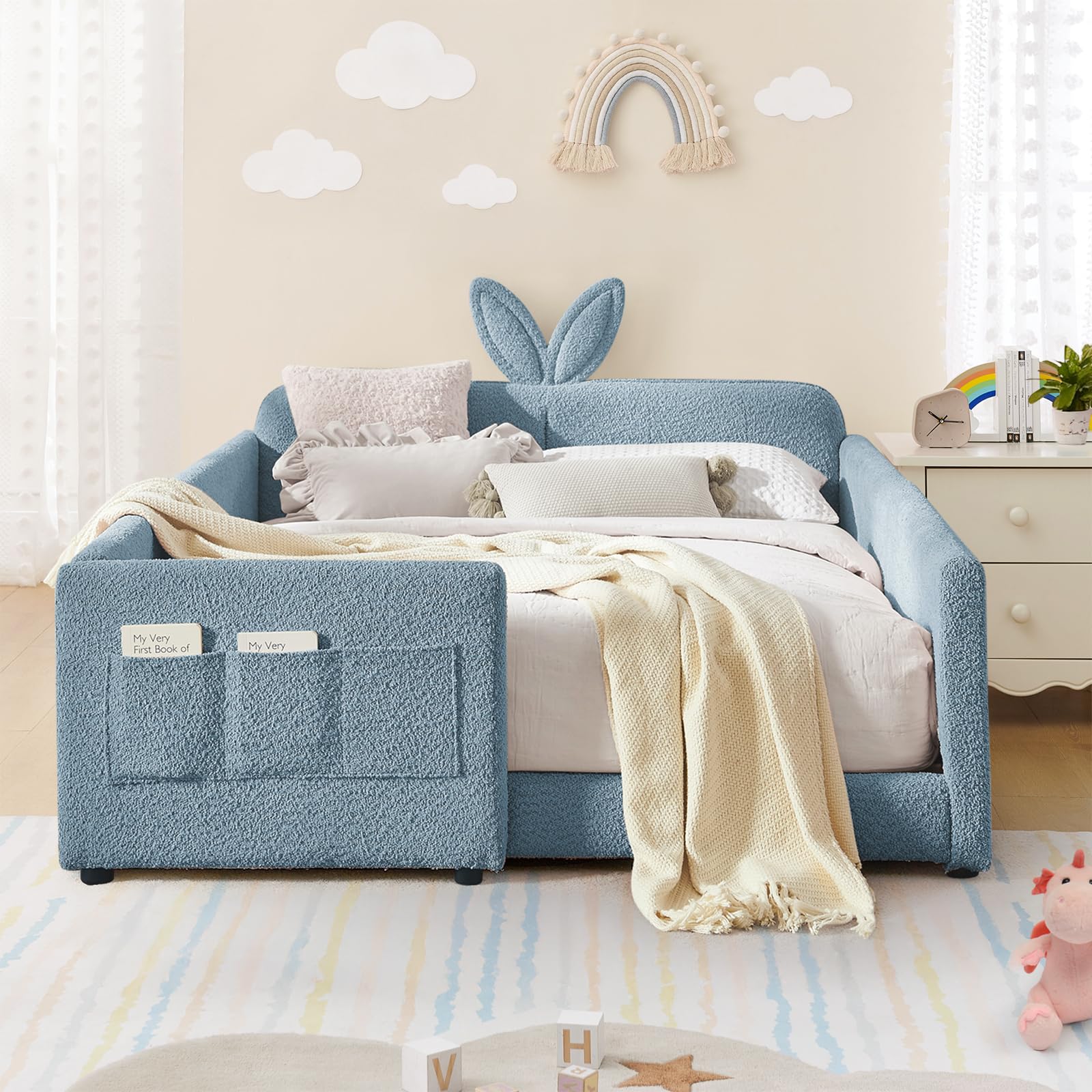 Full Size Kids Bed with Rabbit Ear Headboard, Upholstered Boucle Fabric Full Daybed with Slats Support &amp; Side Pockets, Space-Saving Wooden Corner Sofa Couch Bed Frame for Girls, Boys, Teenager(Blue)