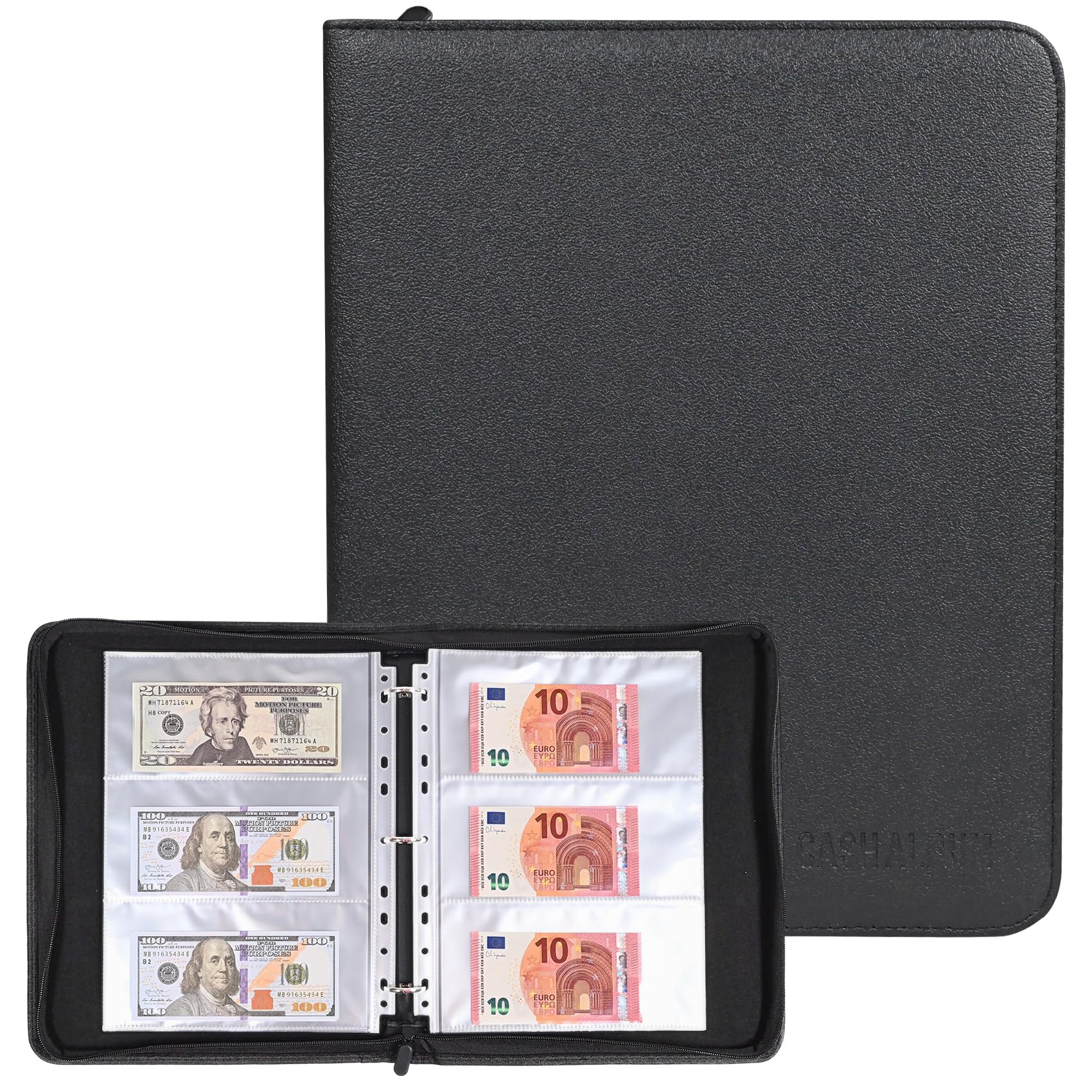 Cash Collection Book, Binder Currency Holder Album with 180 Pockets Paper Money Sleeves, Fireproof Currency Organizer for Money Protection and Storage