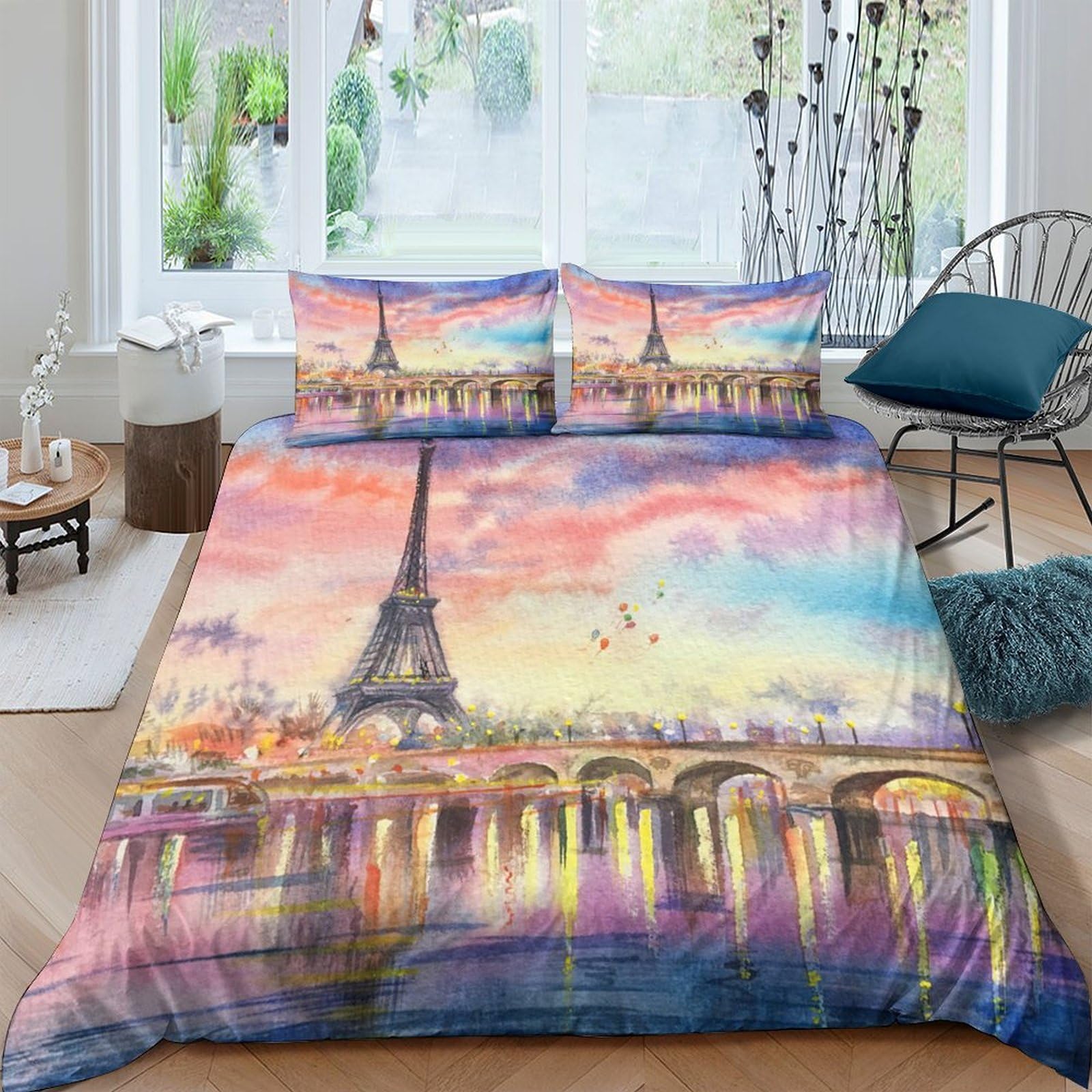 Ctjqhvkz Style-8 3D Printed Paris Sunset Fitted Sheet Microfiber Soft Eiffel Tower Mattress Cover For Bedroom Guest Room Decor Single（135X200cm）