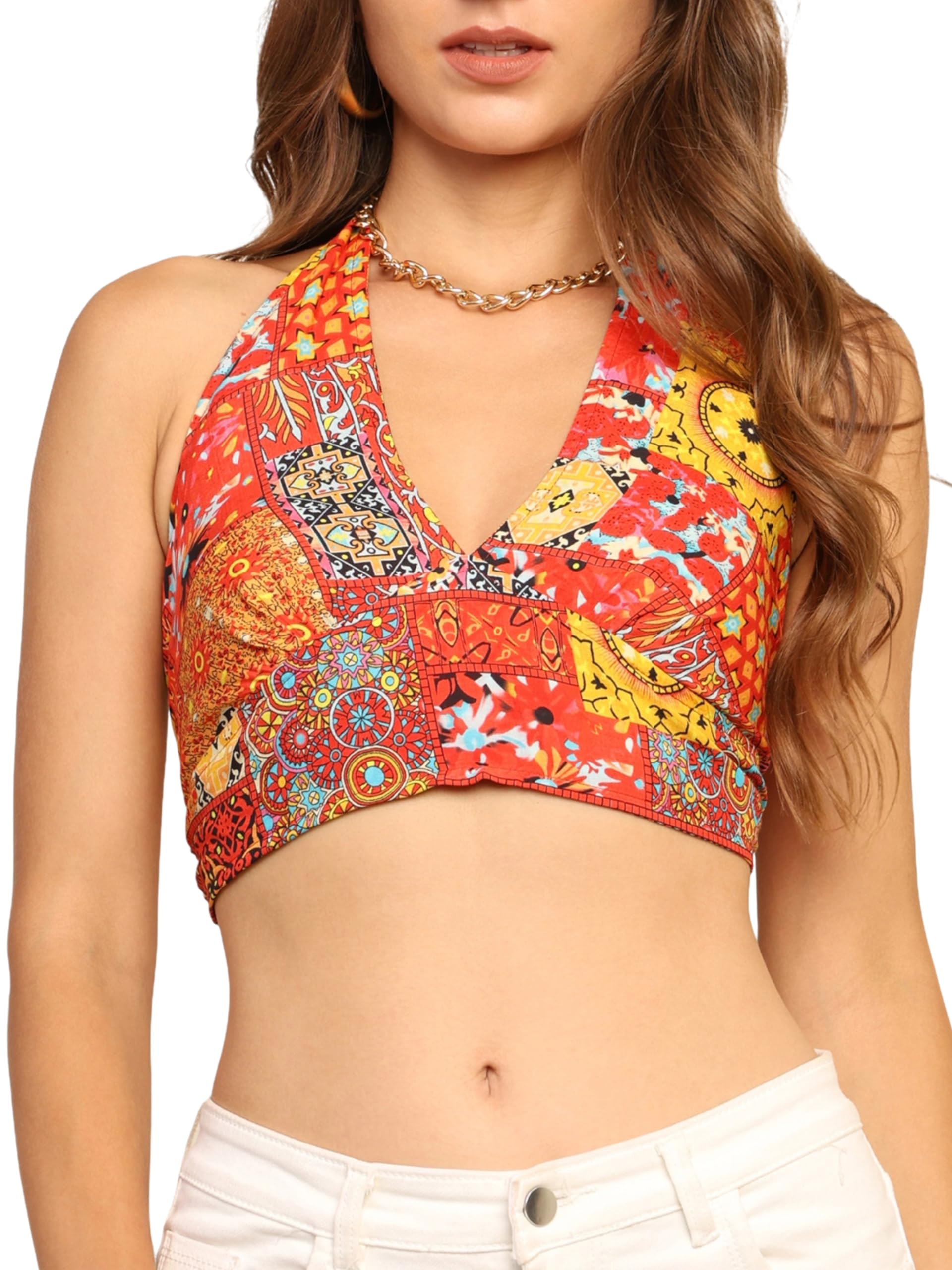 ke kanhaexports KE KANHA EXPORTS Halter Neck Wrap Top|top for Women|Backless Tops for Women|Halter Neck Tops|Adjustable wrap Waist|Boho Beach Border Print|Easily fits S-M|Bust30-36Inch|LengthUpTo 18Inch-picture-40