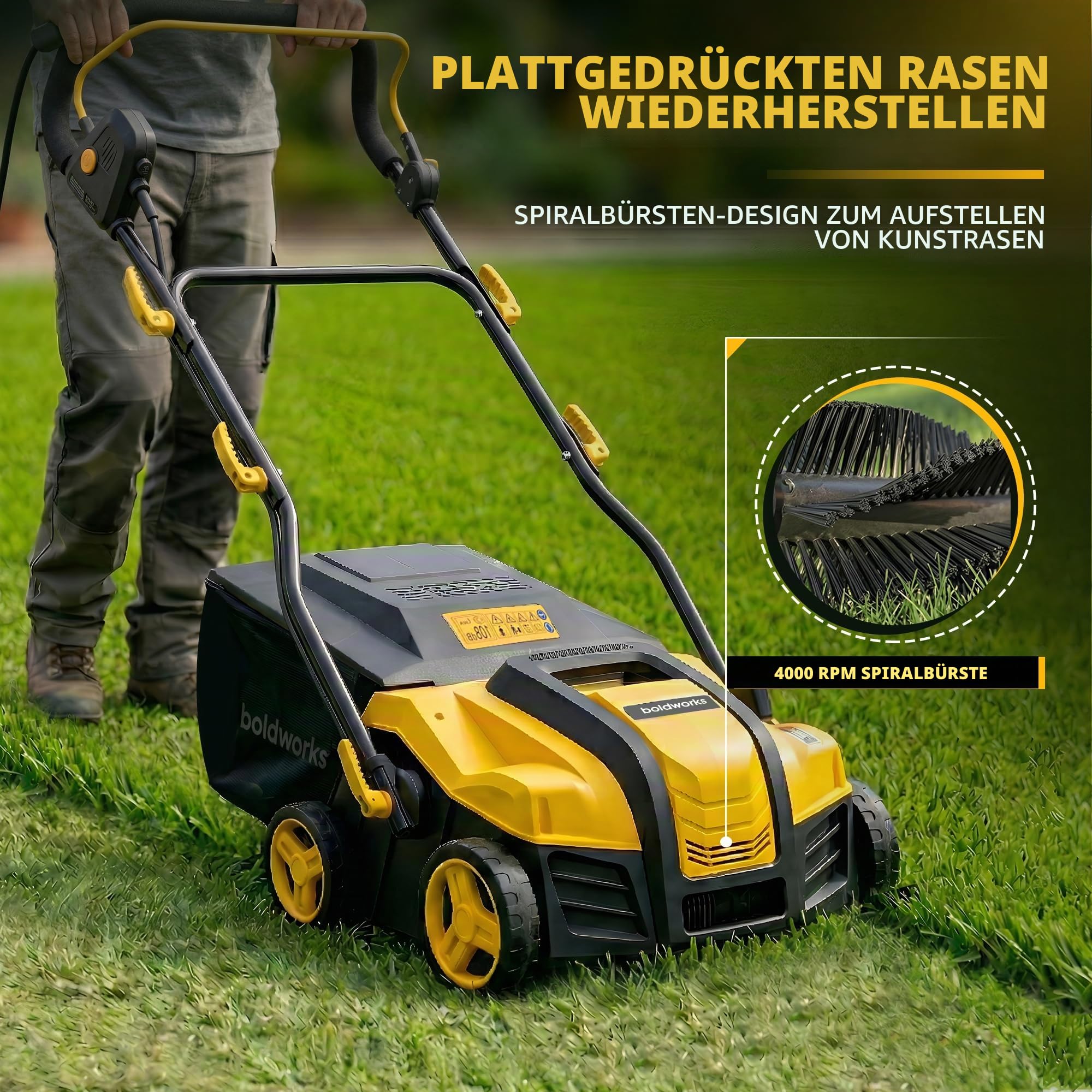 Elektrischer Kunstrasenkehrer, 40,6 cm, Kunstrasenkehrer, Vakuum mit 45L Fangbeutel, 5 Höhenverstellung, faltbarer Rasenkraftbesen für Kunstrasenreinigung