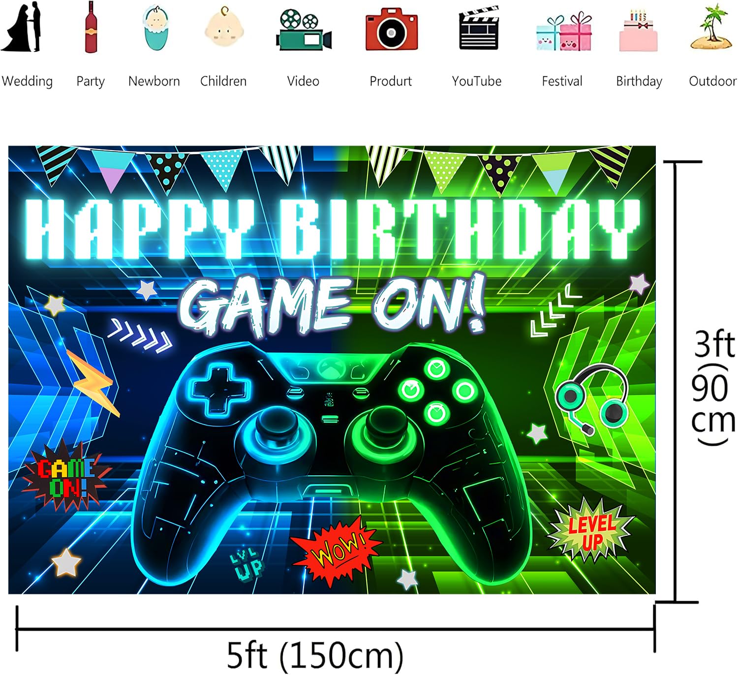 Condition photo showing New/Like New for video game birthday backdropgame on party banner background level up theme party supplies boys video party game decorations party supplies 5×3f