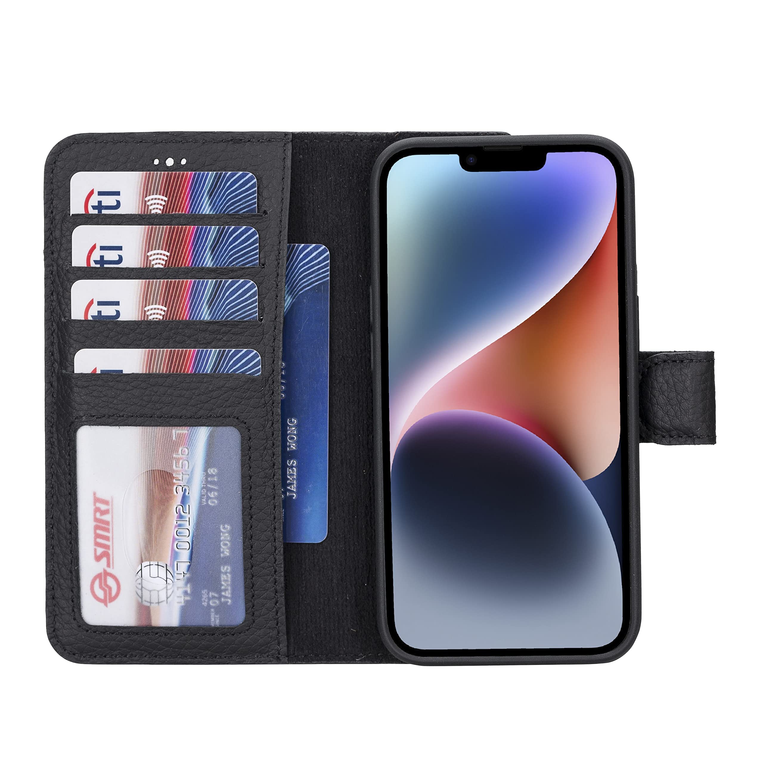 HARDISTON Genuine Leather Handmade Wallet Case Compatible with iPhone 14 - MagSafe Compatible - Detachable Strong Magnetic Flip Cover with Card