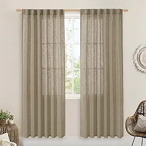 LAMIT Taupe Sheer Linen Curtains, 80 inch Light Filtering Semi Sheer Panels Back Tab and Rod Pocket Farmhouse Rust Drapes for Bedroom/Living Room, 2 Panels, 52 x 80 Inch