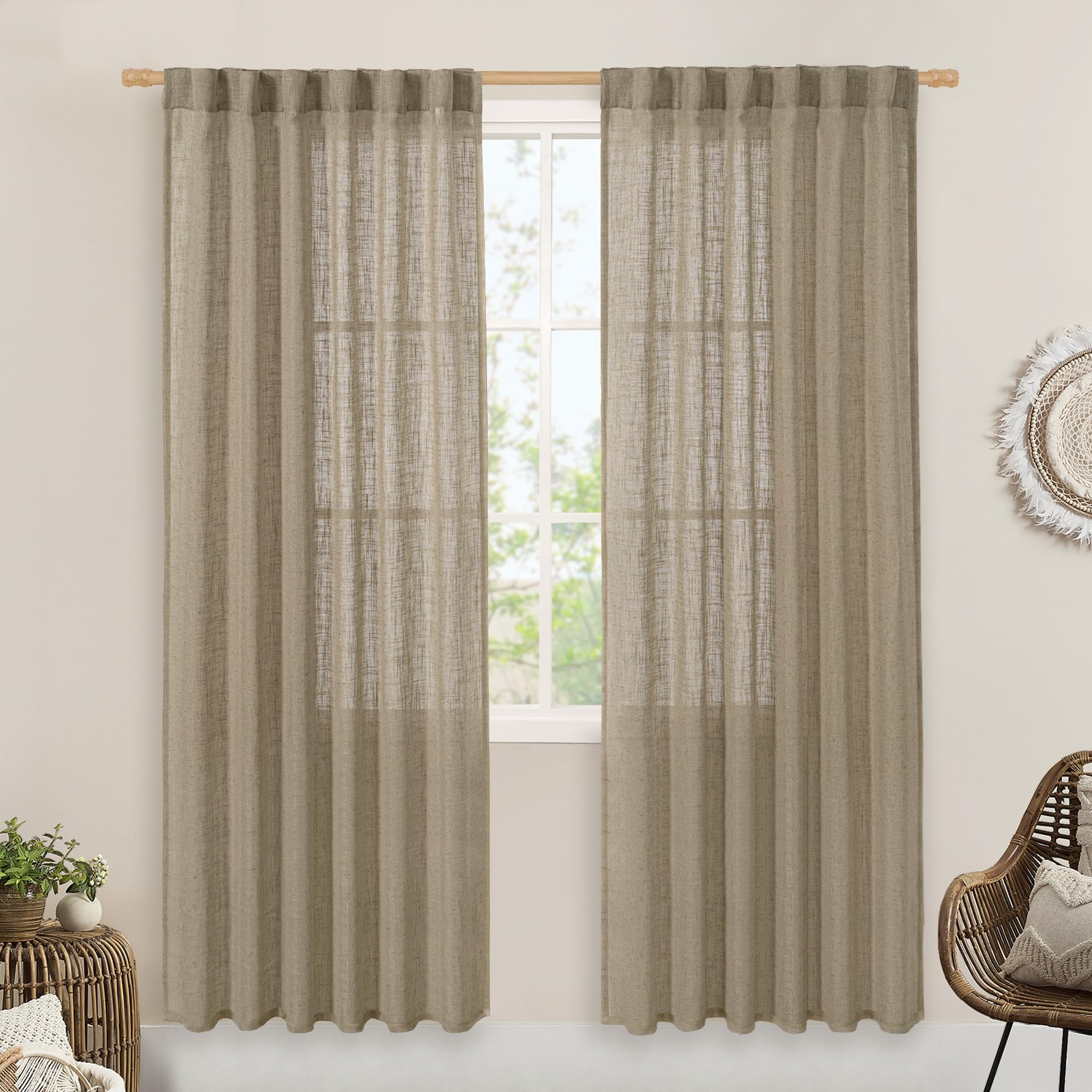 LAMIT Taupe Sheer Linen Curtains, 80 inch Light Filtering Semi Sheer Panels Back Tab and Rod Pocket Farmhouse Rust Drapes for Bedroom/Living Room, 2 Panels, 52 x 80 Inch
