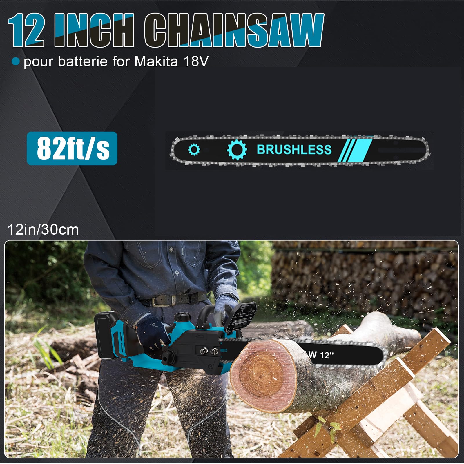 Akumulatorowa piła łańcuchowa 1000 W, 12 cali, elektryczna piła łańcuchowa do drzew Makita 18 V (bez baterii), z zamkiem bezpieczeństwa, automatyczna olejarka, piła akumulatorowa, piła do gałęzi