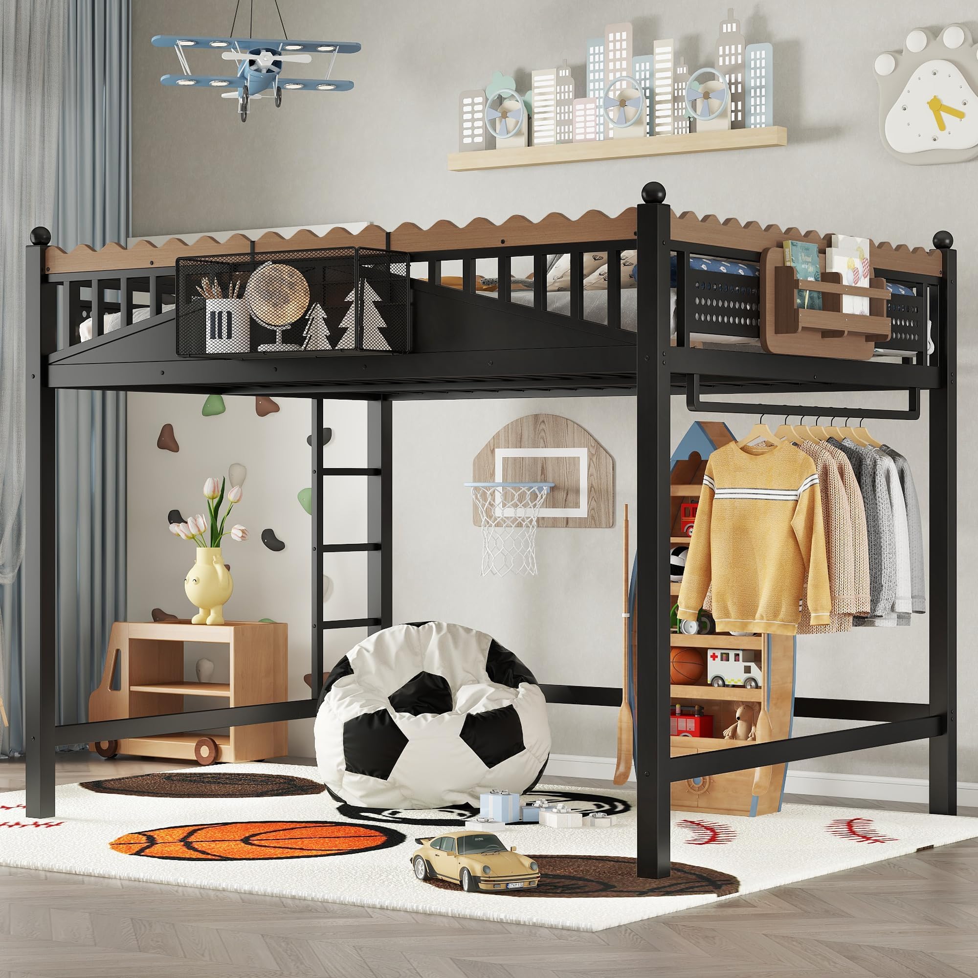 KEIKI Queen Size Loft Bed with Ladder, Metal Loft Bed Frame with Shelves & Bookshelf, Heavy Duty Adult Loft Bed with Guardrails, No Box Spring Needed, Black