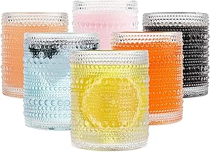 Set of 6 Vintage Drinking Glasses, 12 oz Clear Hobnail Glasses Tumbler, Embossed Design Glassware for Beverages, Water, Juice, Beer, Cocktail, Whiskey and Milk