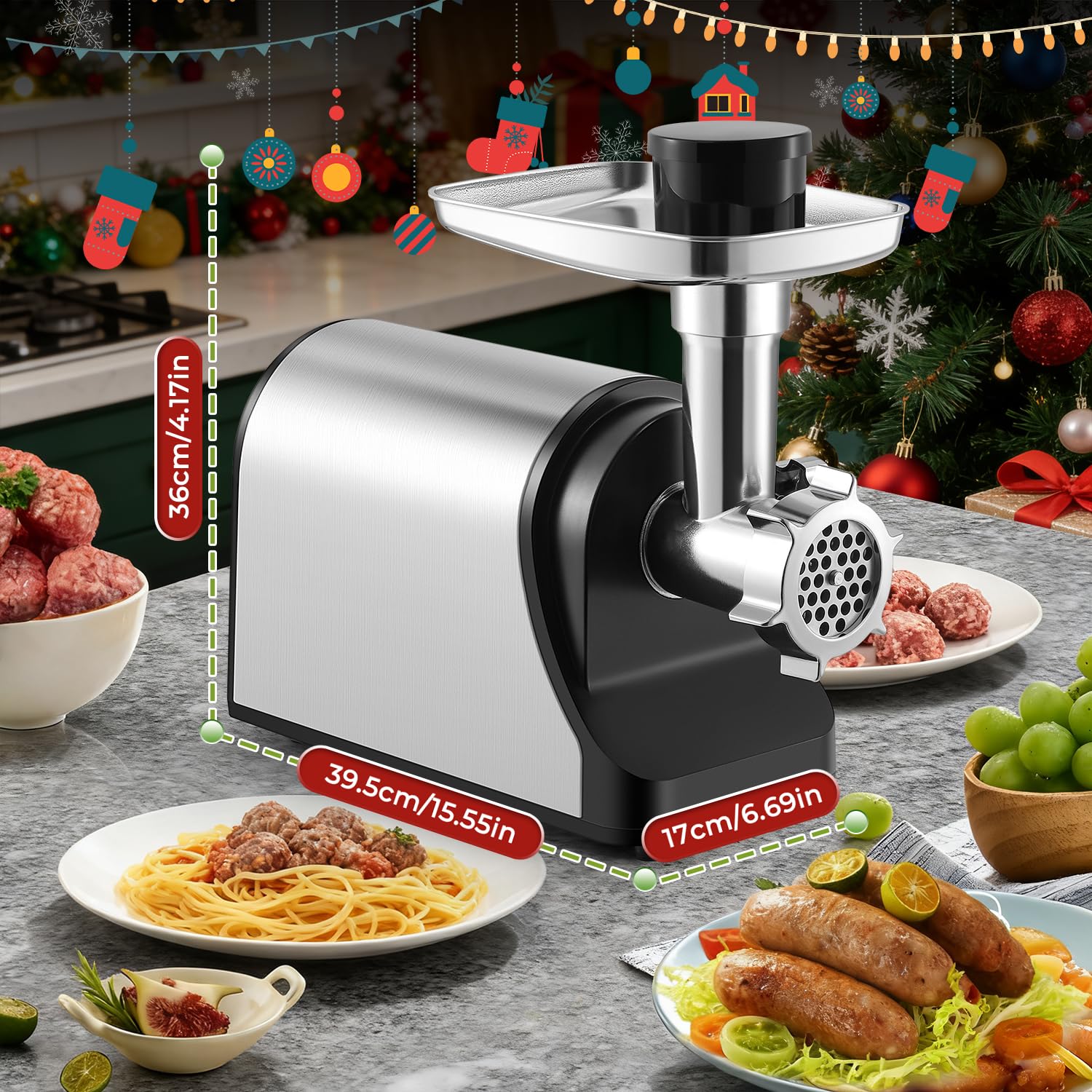 Multifunctional 3200W Electric Meat Grinder Heavy Duty Commercial Meat Grinders, Veggie Shredder, Ice Cutter with 2 Blades, 3 Grinding Plates, 3 Sausage Tubes, Meat Grinder for Home Use