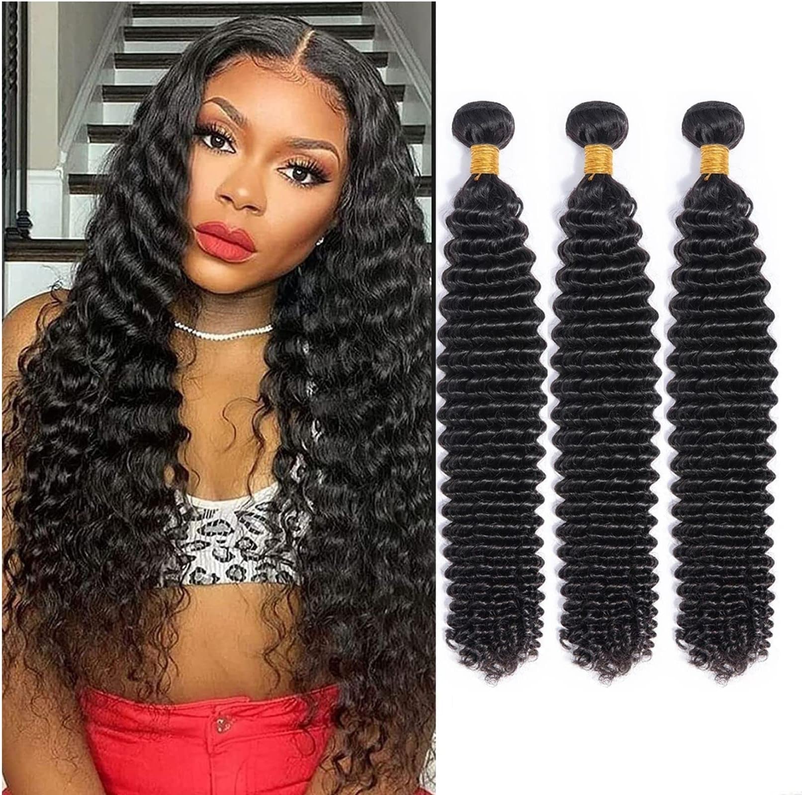 10A Deep Wave Human Hair 3 Bundles 16 18 20 Inch Deep Wave Bundles 100% Unprocessed Brazilian Virgin Hair Deep Curly Weave Human Hair Bundles Wavy Human Hair Weft Extension Natural Color