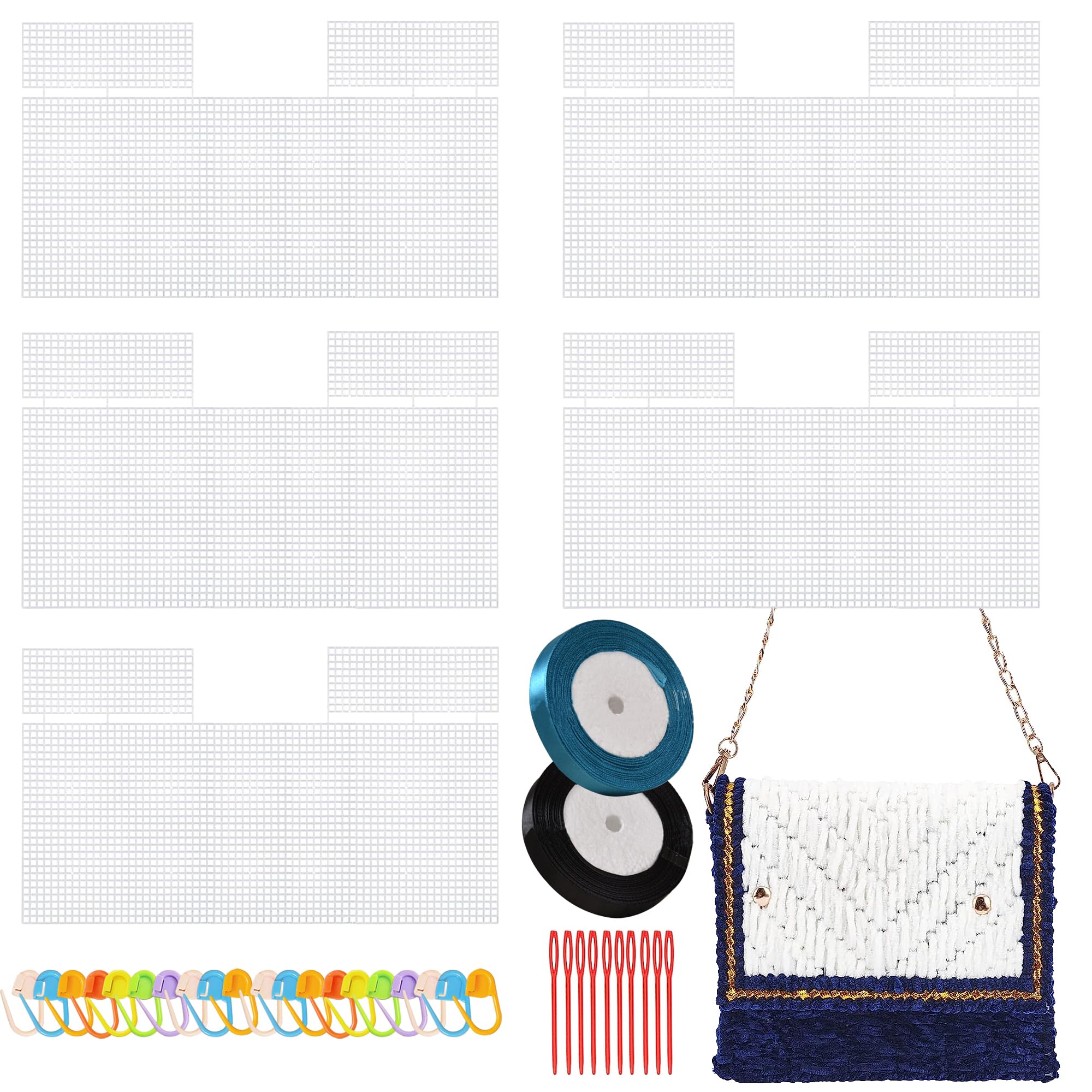 Allazone 39 PCS Clear Plastic Mesh Canvas Sheets for Embroidery Plastic Canvas Plastic Mesh Sheets with 2 Color Acrylic Yarn for DIY Sewing Bag