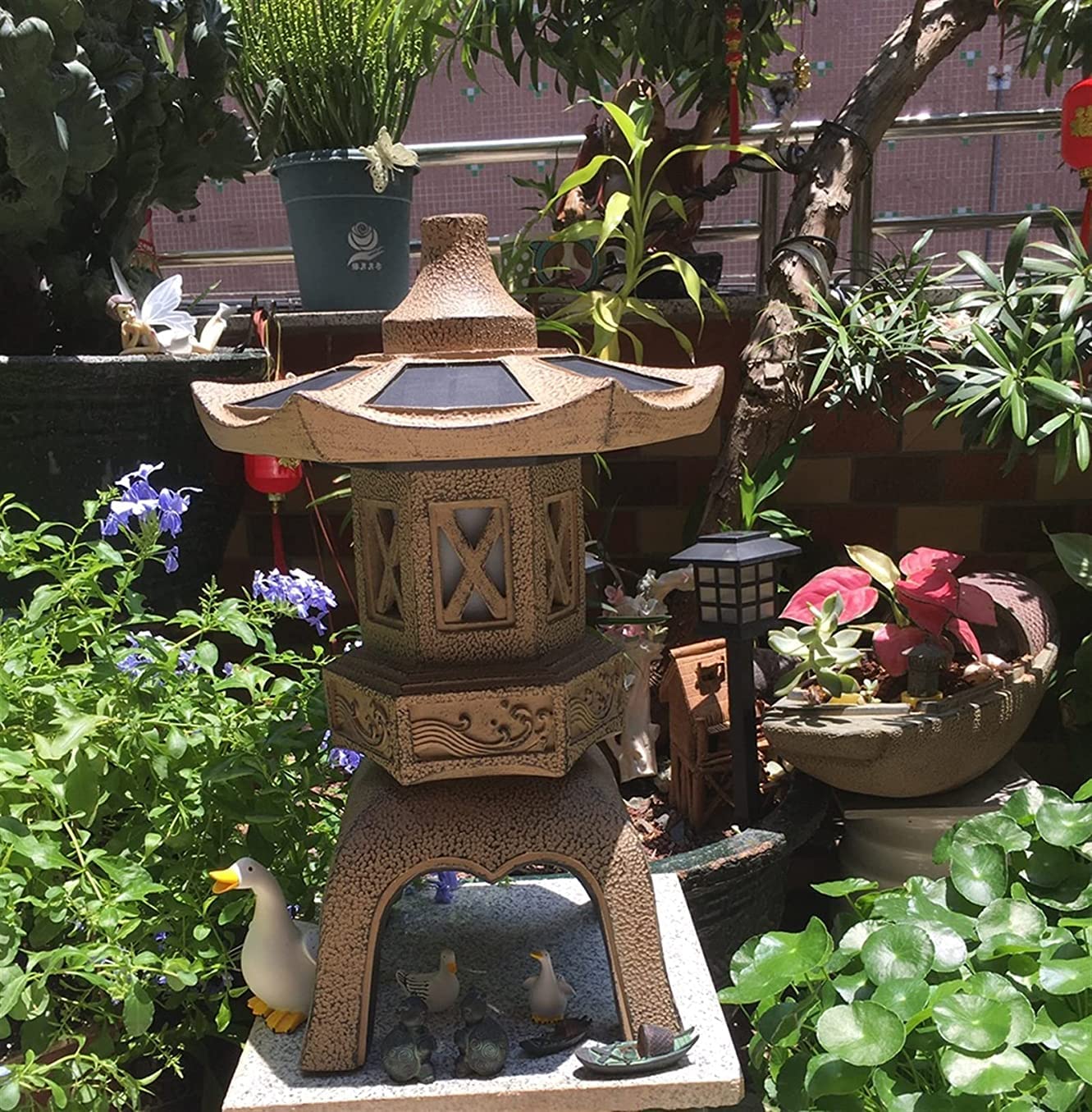 Estatua al Aire Libre de Pagoda de Piedra Alta de 18,9 Pulgadas, Escultura de jardín de Farol japonés Zen Impermeable, luz LED con energía Solar, decoración para Exteriores