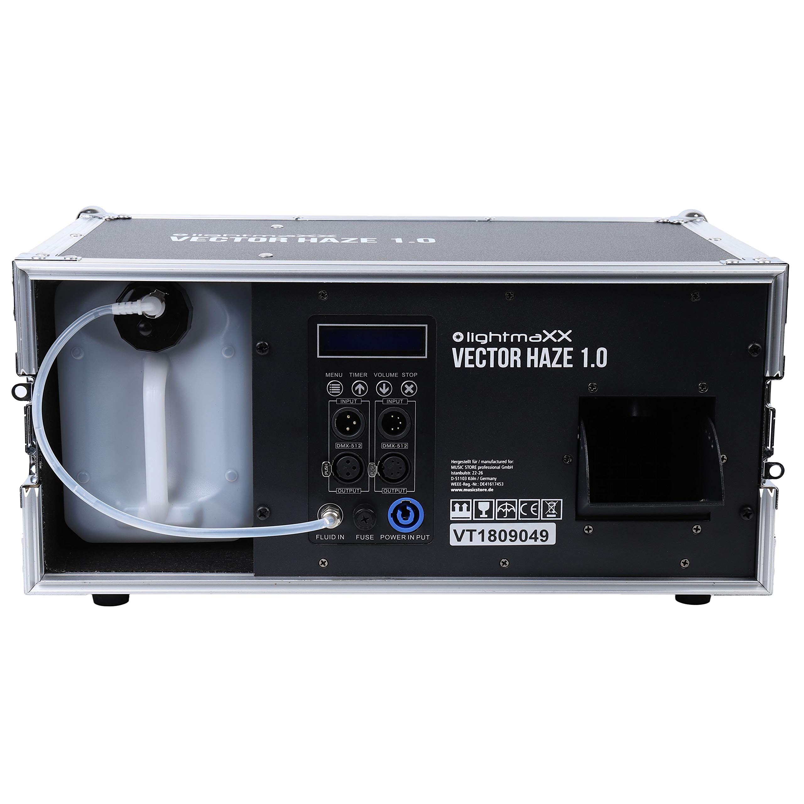 Vector Haze 1.0 Fluid Set, Hazer mit 200m³/min Ausstoß, 1000W Heizleistung, DMX-Steuerung, Timer-Fernbedienung, Überhitzungsschutz, inklusive 5L Premium HAZE FLUID