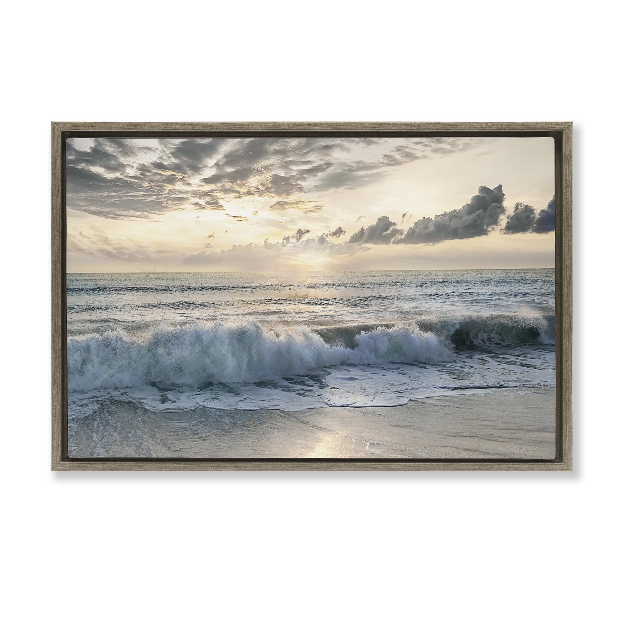Stupell Industries 'Sunset Foam Along Shoreline', Floating Frame Canvas Art, Brown, 25 x 17 Inches, Easy to Hang and Sturdy, Made in USA, by Mike Calascibetta