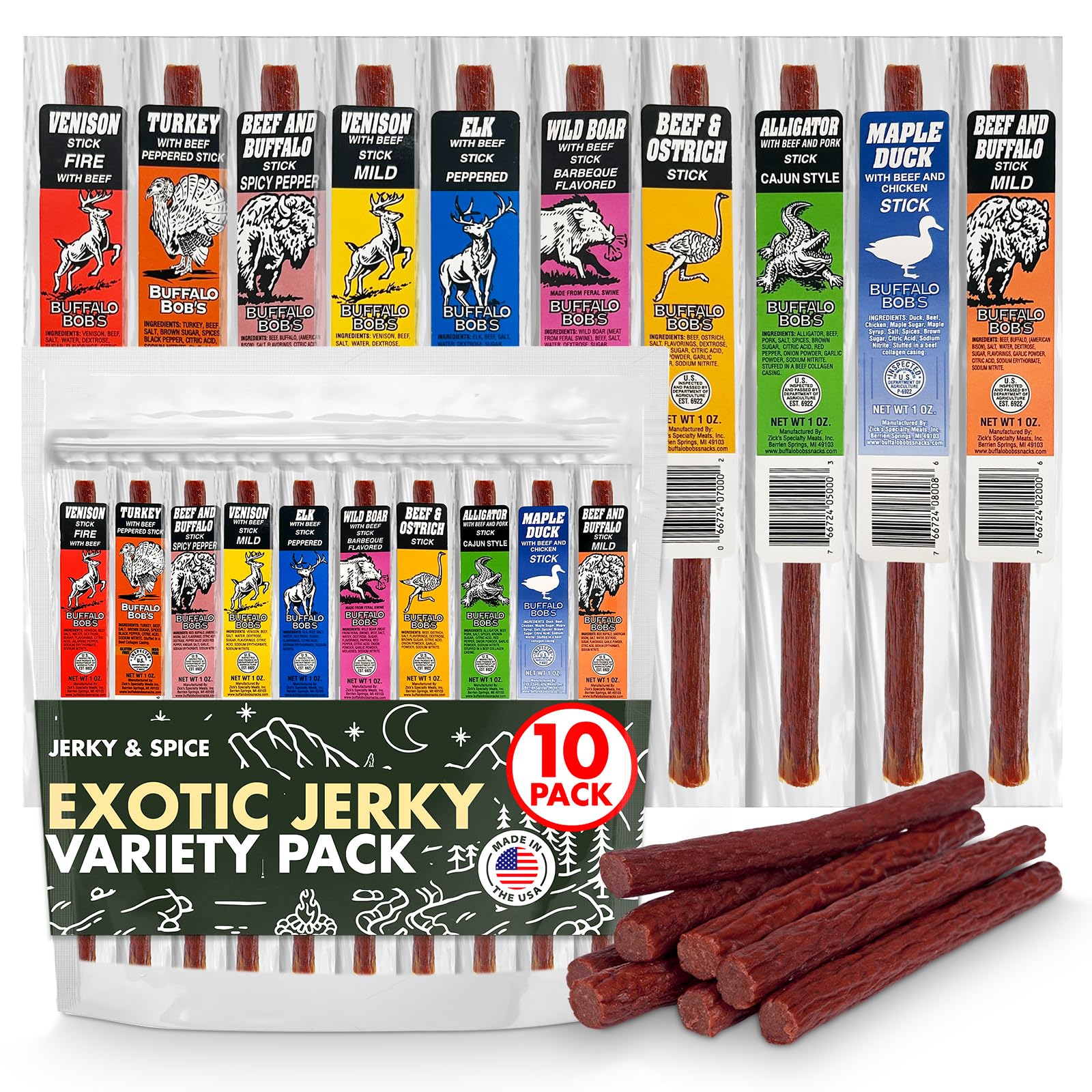 Jerky-n-Spice Wild Game Exotic Meat Sticks (10-Pack) | Ultimate Beef Jerky | Savory Snacks Variety Pack for Adults | Perfect Gifts for Anniversary, Camping, Hunting & Birthday Events
