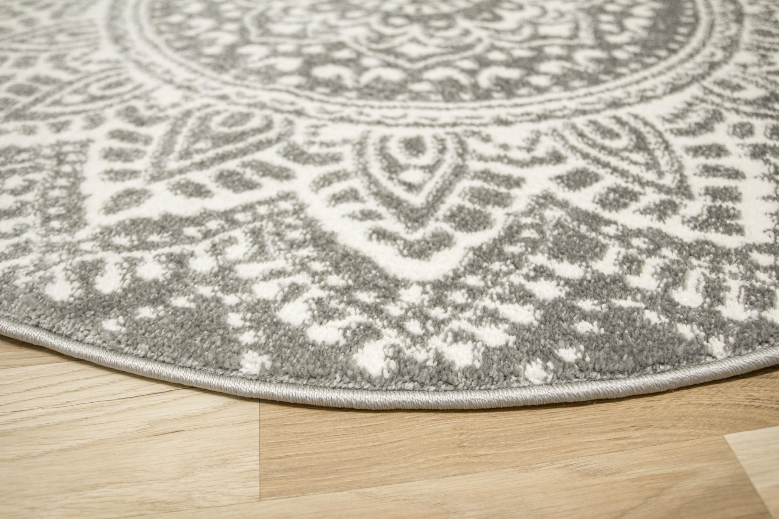 Teppich Runder Muster Mandala Boho 140cm Weiß Grau, moderne Teppiche Wohnzimmer kurzflor, Teppiche Area Gegend, Tepich Schlafzimmer,Bedroom Rug