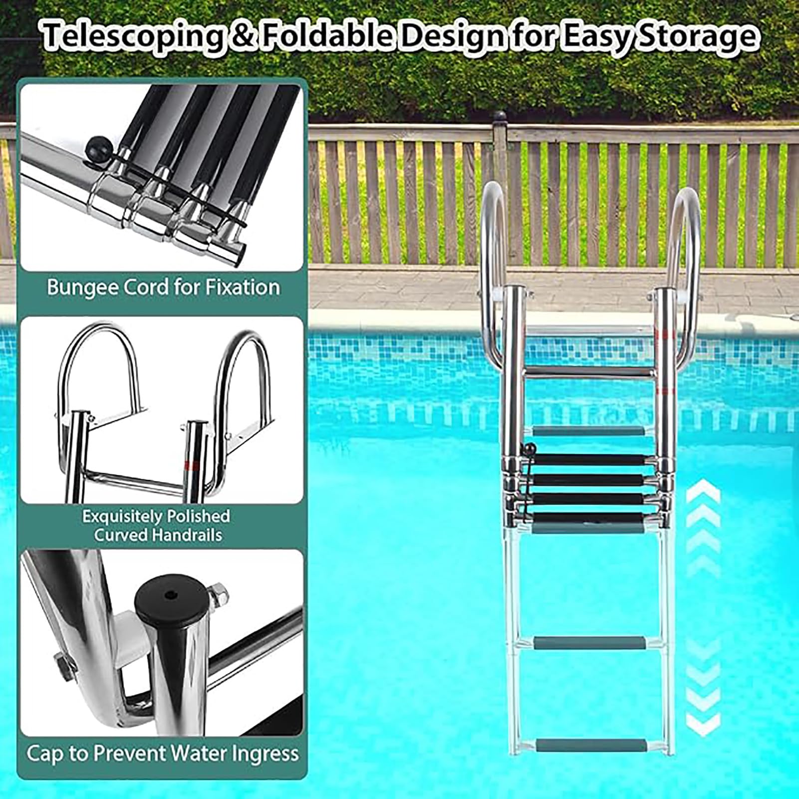 Generico Scala Marina a 3/4 gradini, Scala telescopica in Acciaio Inox per Barche, scaletta Antiscivolo per subacquei con Fibbie per Yacht, Nave, Barca, Piscina, Argento, 3 gradini (Argento