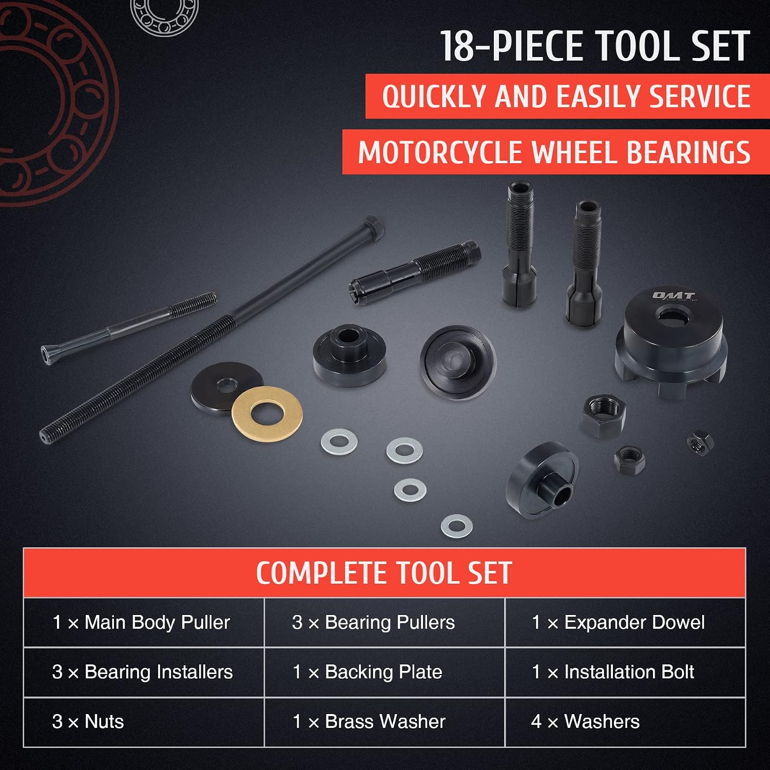 OMT Wheel Bearing Puller Tool Kit Compatible with Harley Davidson Motorcycles, Wheel Bearing Removal & Installation Tool for 3/4" 1" 25mm Bearings, 18pc Harley Wheel Bearing Tool