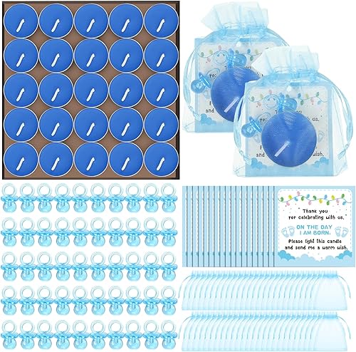Ctosree 50 juegos de regalos de baby shower para invitados, 50 lindos chupetes de bebé, 50 velas de luz de té, 50 etiquetas de agradecimiento, 50
