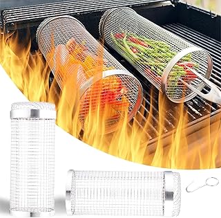 Rolling Grilling Basket,Rolling Grilling Basket for Outdoor Grilling,Round Stainless Steel Barbecue Cooking Grill Grate, Portable Outdoor Camping Barbecue Rack for Vegetables, French Fries, Fish