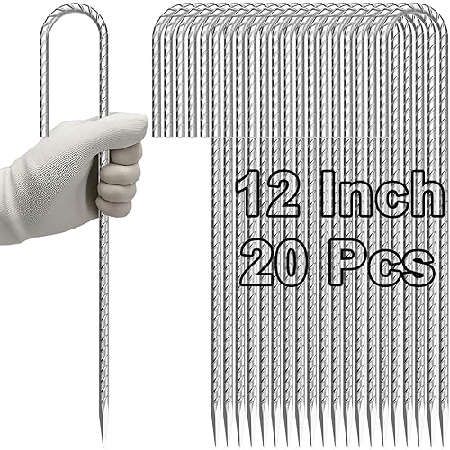 VVOKGO Rebar-Stakes-12-Inch J Hook Galvanized Tent Stakes Heavy Duty, 20-Pack Ground Chain Link Fence Anchors with Chisel Point End for Bounce House, Camping Tents, Outdoor Inflatables Decorations