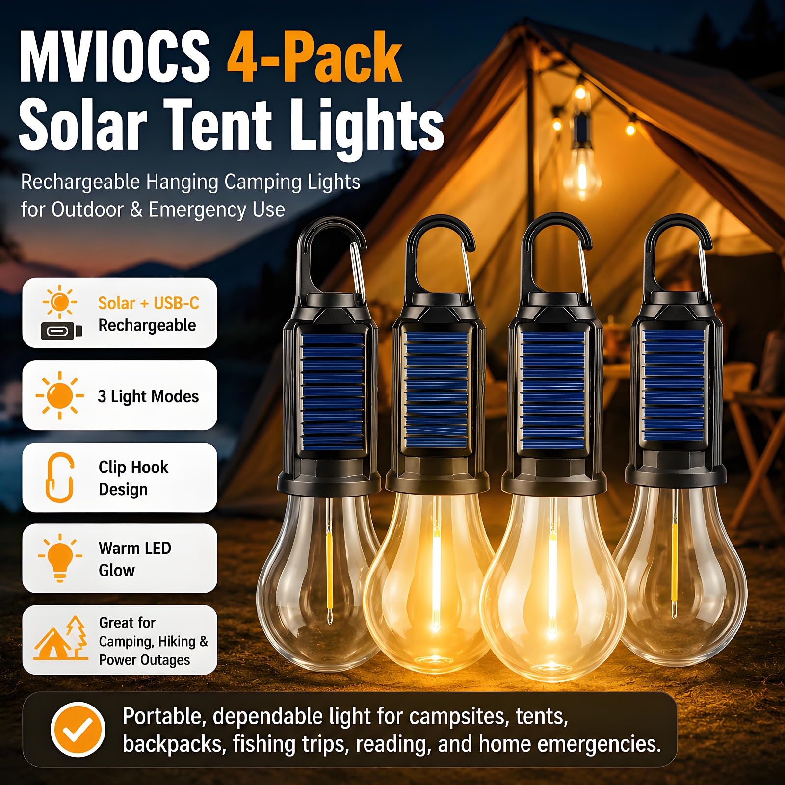 Amazon.com: MVIOCS 4-Pack Solar Camping Lantern, Portable LED