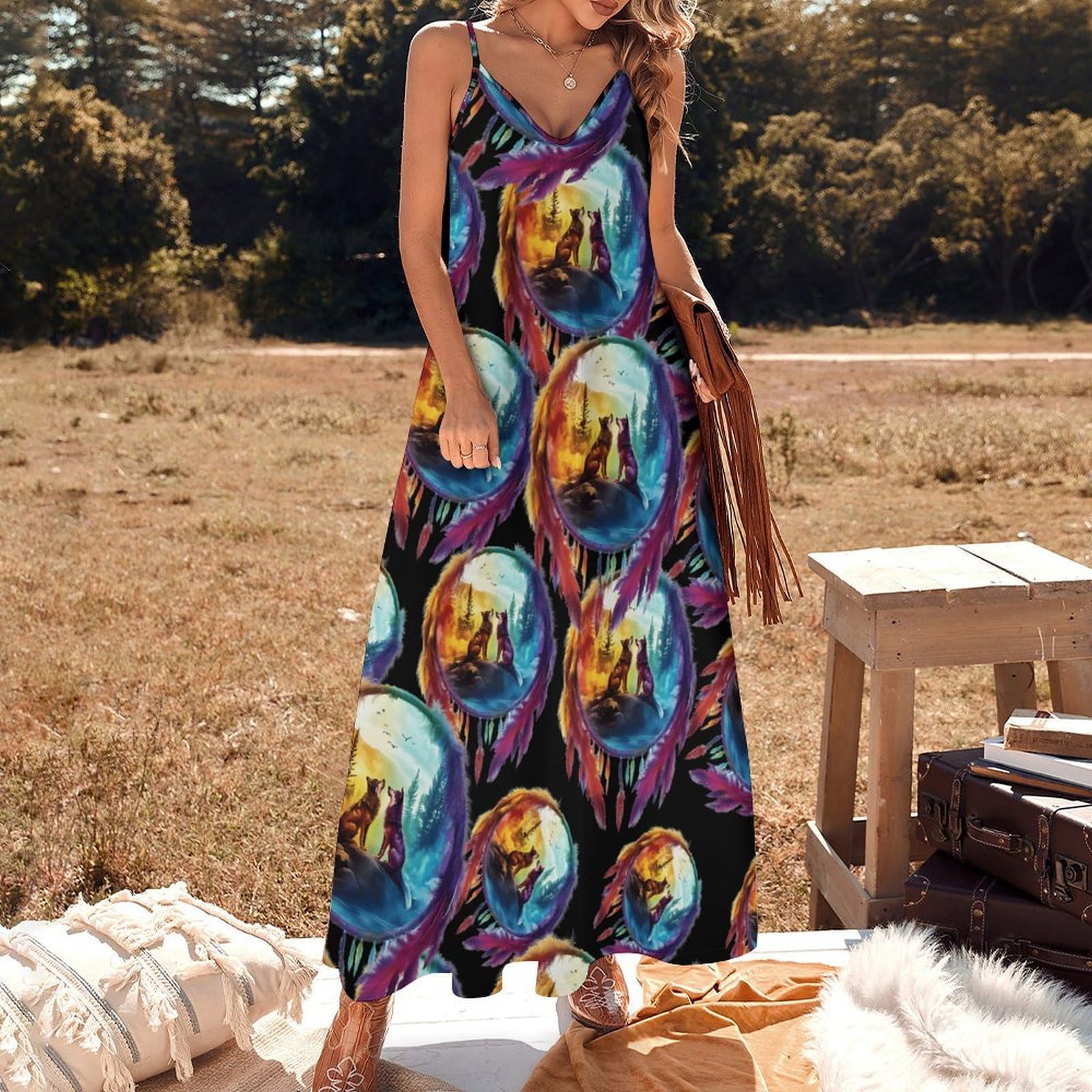 Wolf - Vestido casual para mujer, con diseño de atrapasueños, ajustable, largo hasta el tobillo, con volantes, vestido de verano fluido