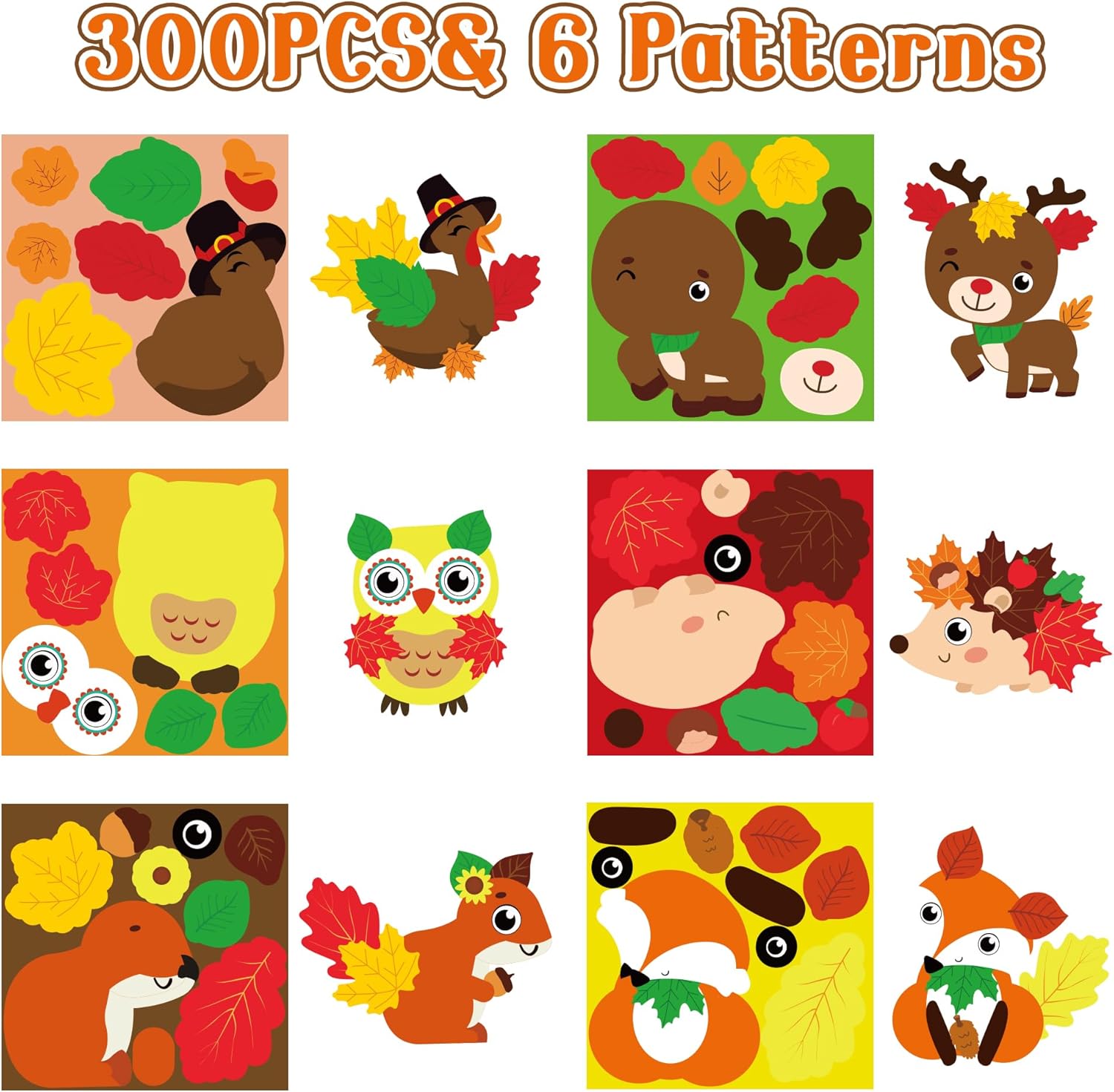 ANGOLIO Fall Animals Stickers Scene Roll - DIY Autumn Leaf Animal Decals for Kids Crafts, Cute Animals Turkey Owl Deer Squirrel Hedgehog Fox Make A Face Stickers for Kids Thanksgiving Party Activity