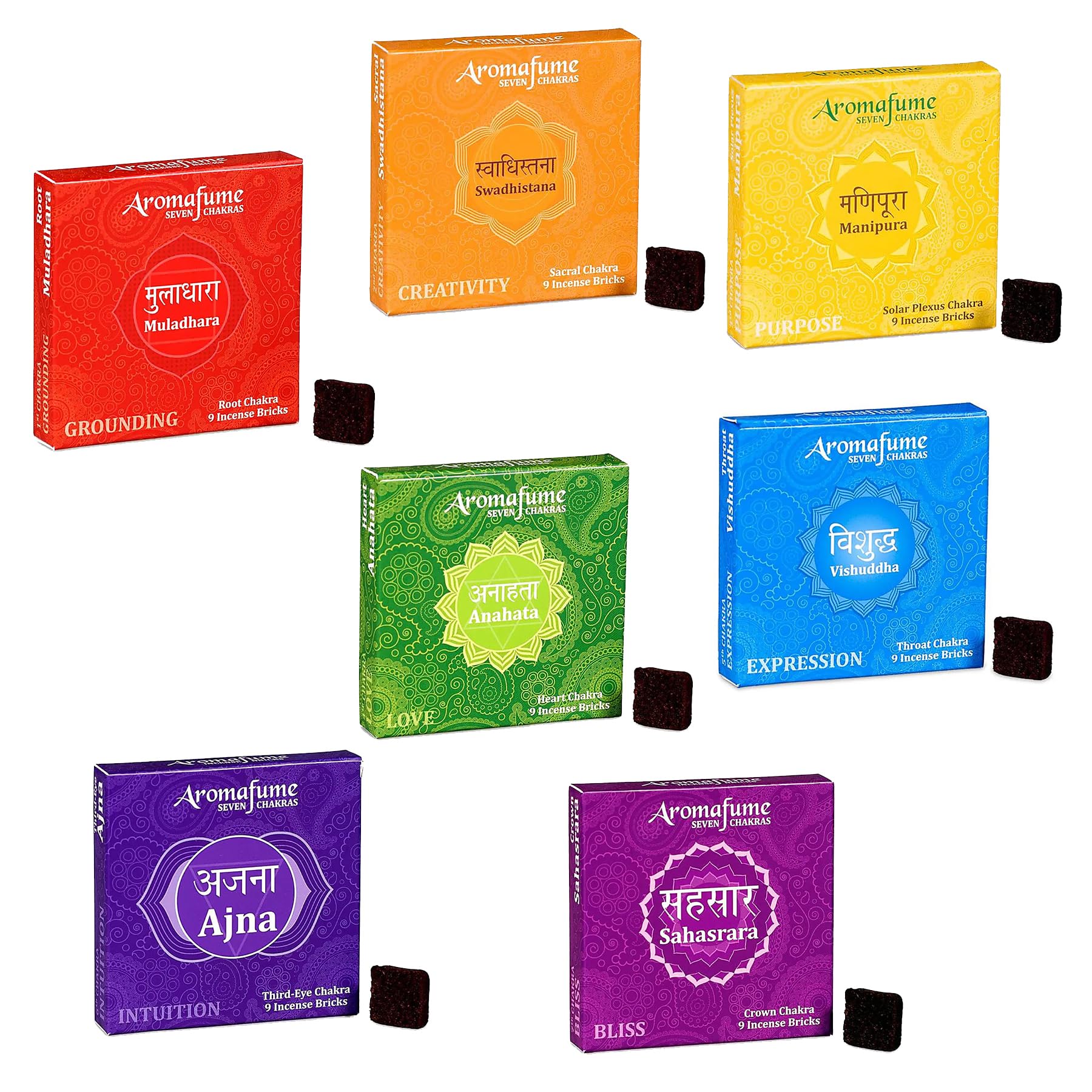 Aromafume Incenso 7 Chakra in Mattoncini 3 Confezioni da 9 Pezzi Incensi Atossici Naturali (Mix 7 (3 scatole per ogni Chakra))