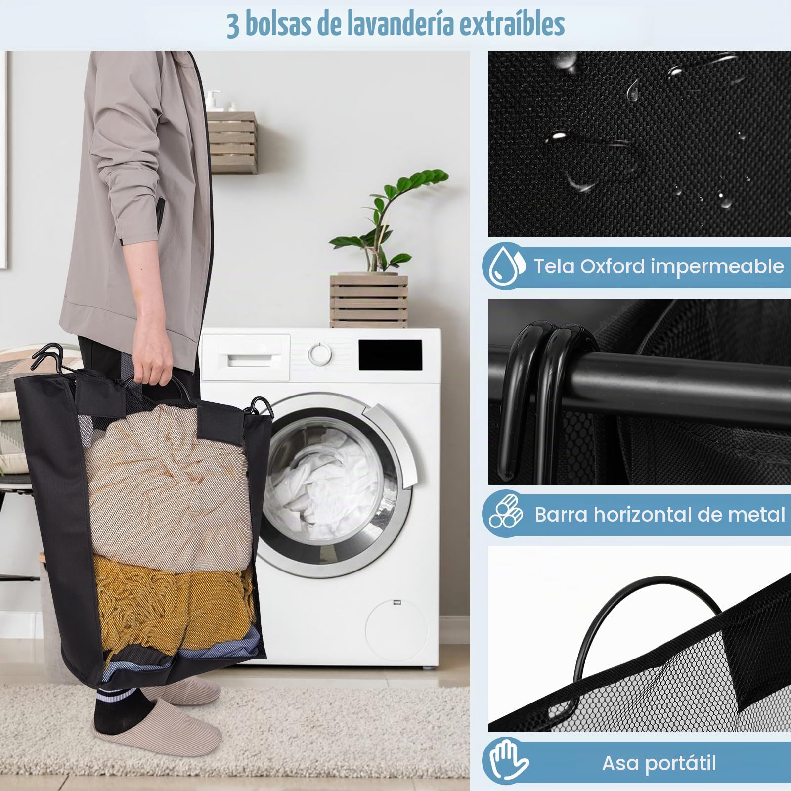 GIANTEX Clasificador de Ropa con 3 Bolsas Extraíbles, 80,5 x 41,5 x 87,5 cm, Cesta de Colada con Tablero Superior y Ruedas, Mueble de Almacenamiento para Baño, Lavandería, Negro