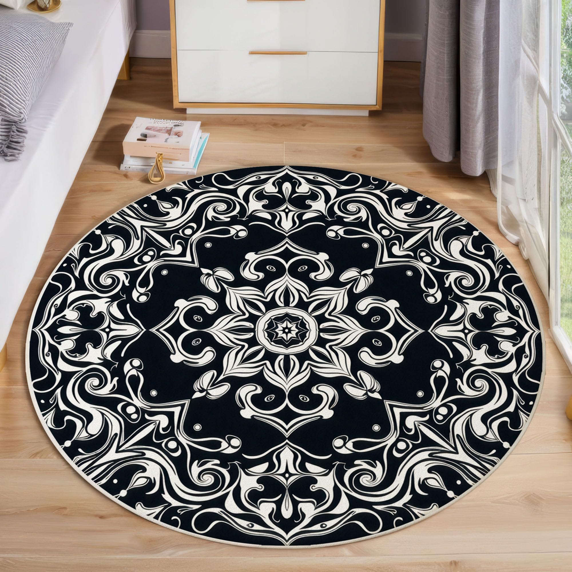 Paisley-Muster Kurzflor Teppich Rund 120cm Weicher Runder Teppich Mandala-Blumen Waschbar & Rutschfester Teppiche für Schlafzimmer, Gastzimmer, Esszimmer, Schwarz