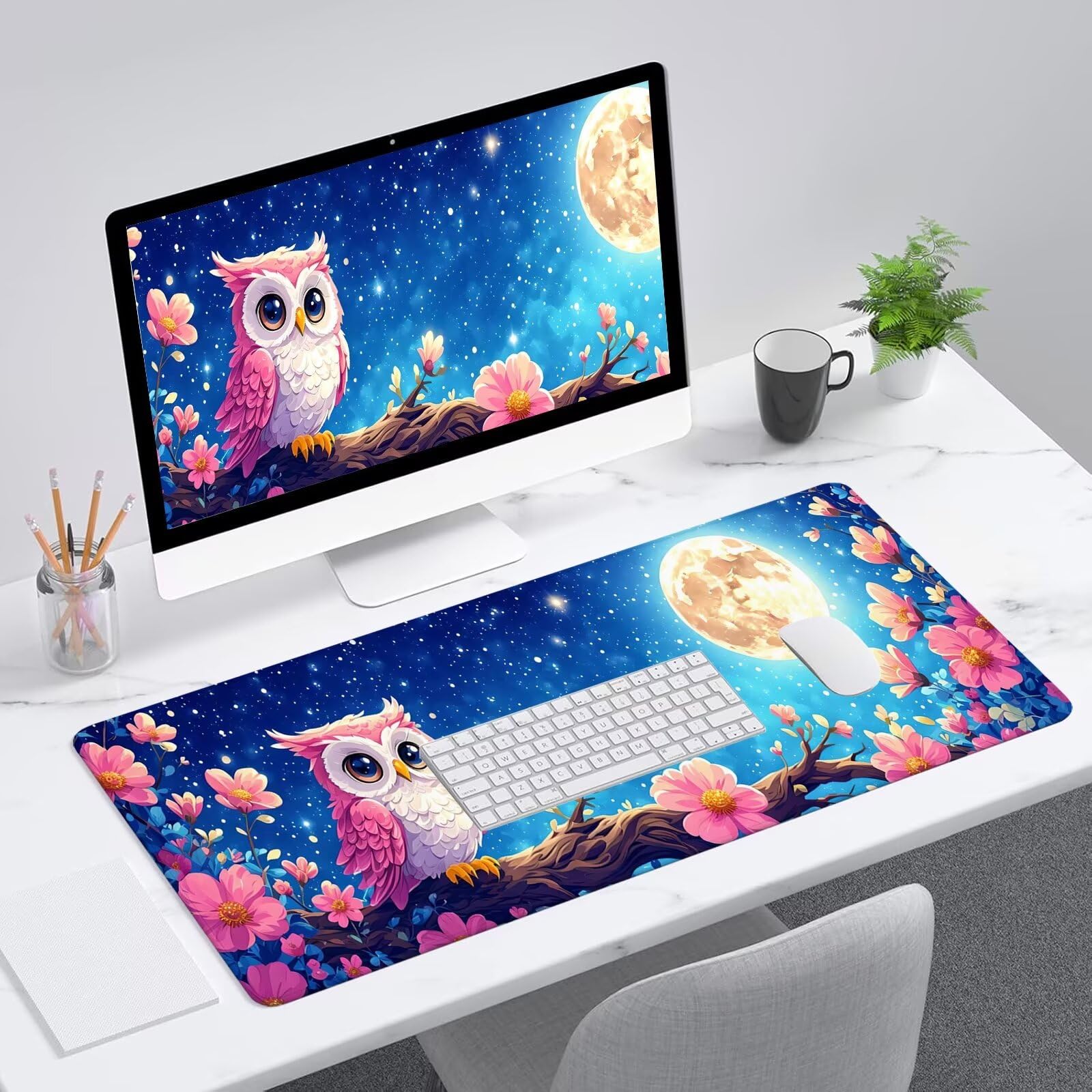 Rosa Tappetino Mouse Gaming, Tappetino Mouse XXL 1200 x 500 mm, Tappetino Mouse Gufo, Mouse Pad con Base Antiscivolo, Bordi Cuciti Tappetino per Mouse, Tappetino Mouse Gaming di Alta Precisione S-310