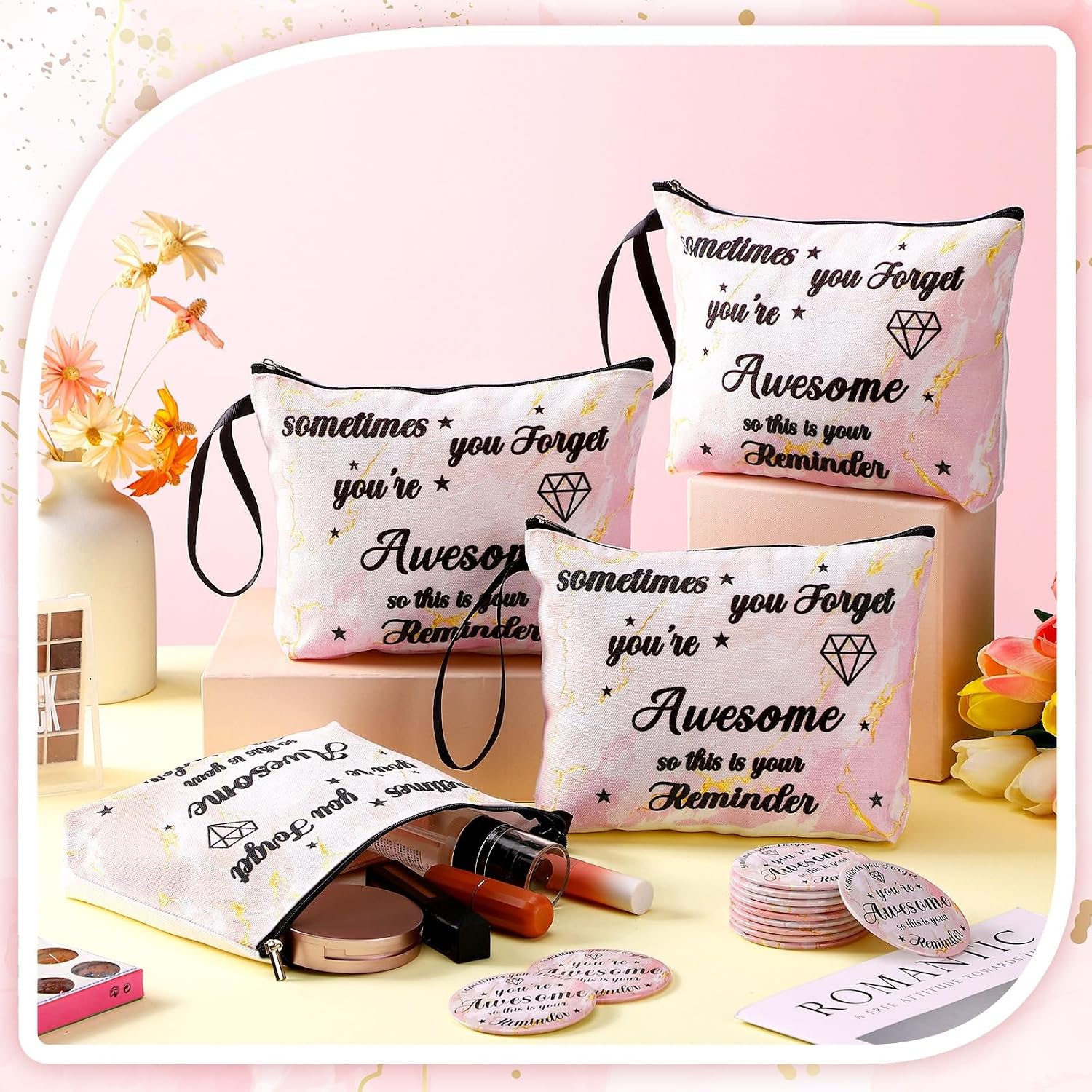 Xuniea 24 Pcs Employee Appreciation Gifts for Women 12 Motivation Canvas Makeup Bags 12 Pocket Mirror Inspirational Thank You Gifts for Teacher Mother's Day Nurse Team(Awesome)