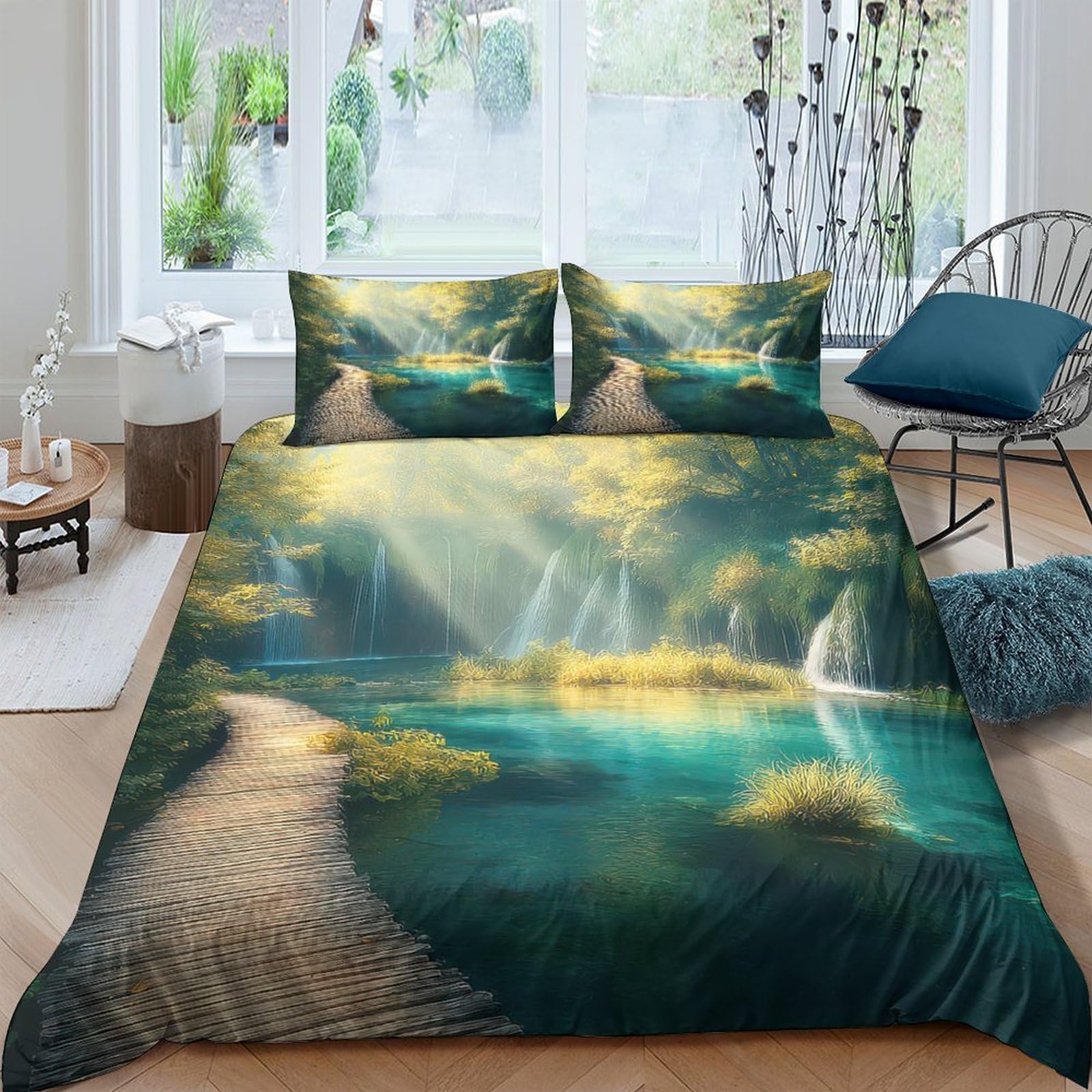 Ctjqhvkz Style-4 3D Printed Forest Scenery Fitted Sheet Microfiber Soft Breathable Waterfall Mattress Cover Bedroom Decor Single（135X200cm）