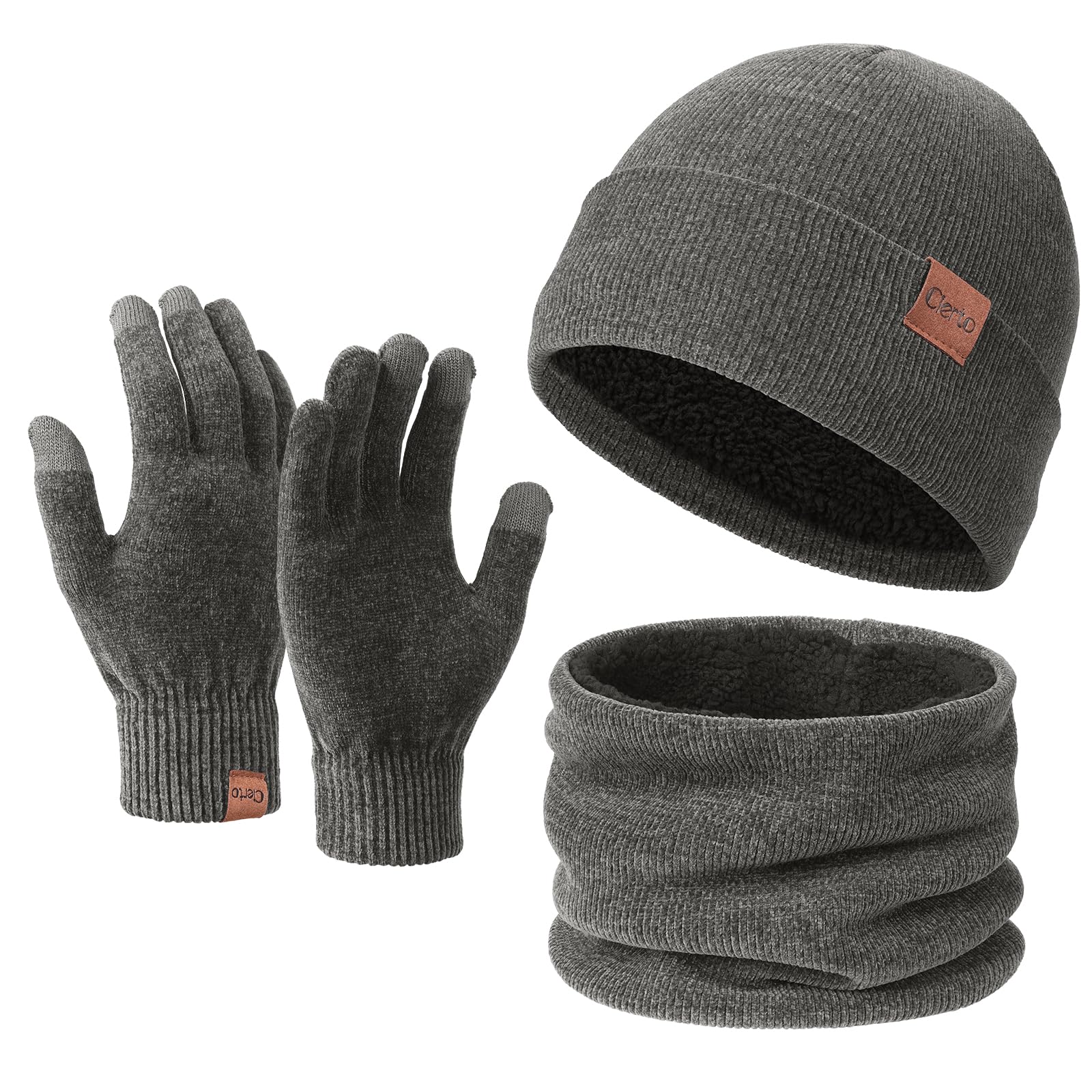 Cierto Winter Knit Beanie Hat Gloves Set for Men Women Neck Warmer Scarf and Touch Screen Gloves