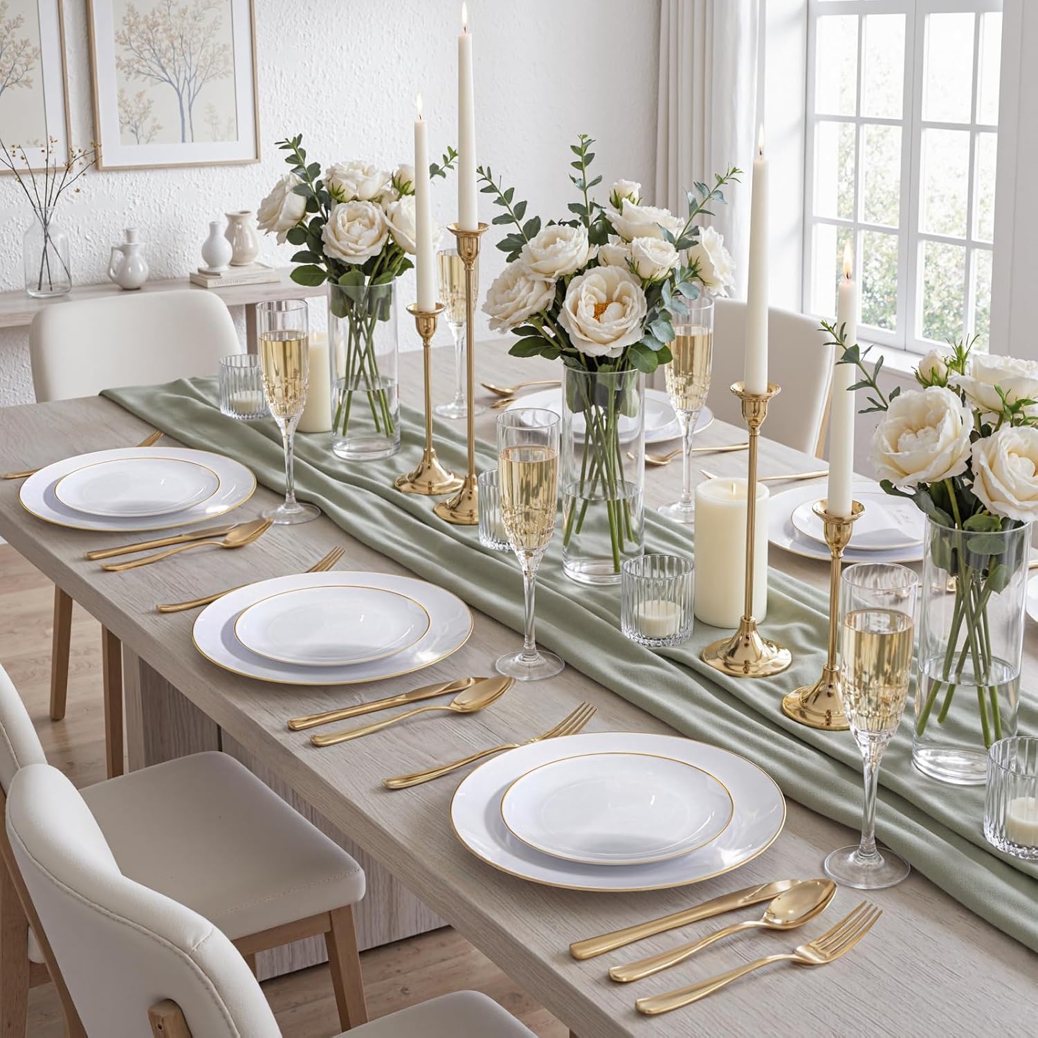 KIRE 100PCS Disposable Plates - White with Gold Rim for Christmas Party/Wedding - Includes 50Pieces 10.25inch Dinner and 50Pieces 7.5inch Dessert/Salad Plates - Image 9