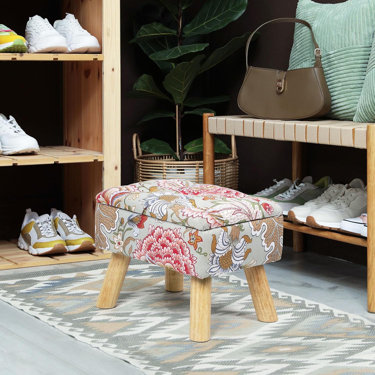 Nandae Square Storage Ottoman with Sturdy Wood Legs, Tufted Upholstered Footstool 14.5”L × 10.6”W × 11.4”H Boho Floral Upholstered Storage Footrest, Suitable for Living Room, Bedroom, Couch, Enterway