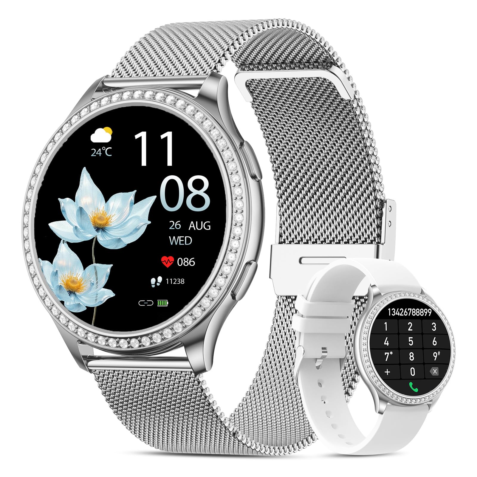 Reloj Inteligente Mujer 1.32" HD Smartwatch Mujer con Llamadas Bluetooth Pulsometro 120+ Modos Deportivos Función Femenina IP68 Monitor de Sueño Podómetro Android iOS (Plateado)