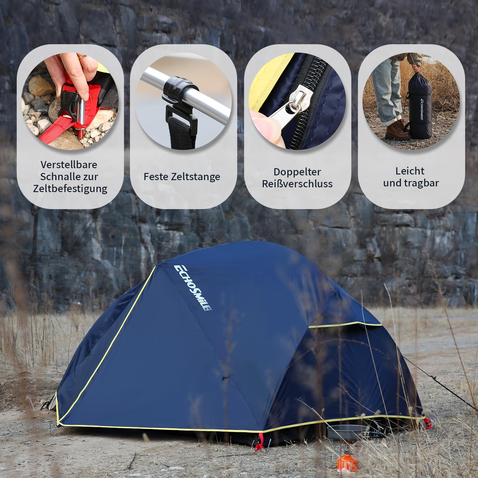 EchoSmile Camping Zelt 2-3 Personen, Wasserdicht PU3000 mm Wurfzelt, Ultraleichtes Double-Layer Kuppelzelt mit 2 Türen, 3–4 Saison Zelte für Camping, Wandern & Bergsteigen, Einfache Montage