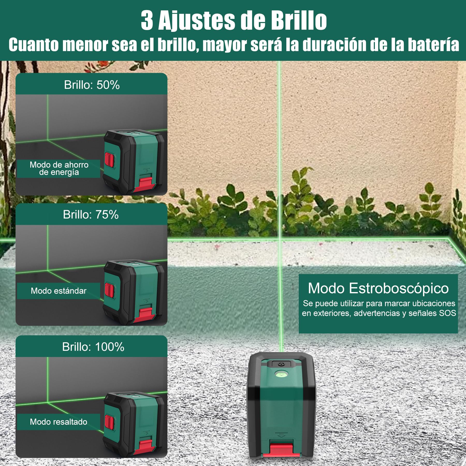 HYCHIKA Nivel Láser Autonivelante 15M, Nivel Laser Verde Ajustable con 3 Niveles de Brillo, Laser Autonivelante Uso Interior y Exterior, Soporte Magnético 360° Rotación 2 Batería Incluida