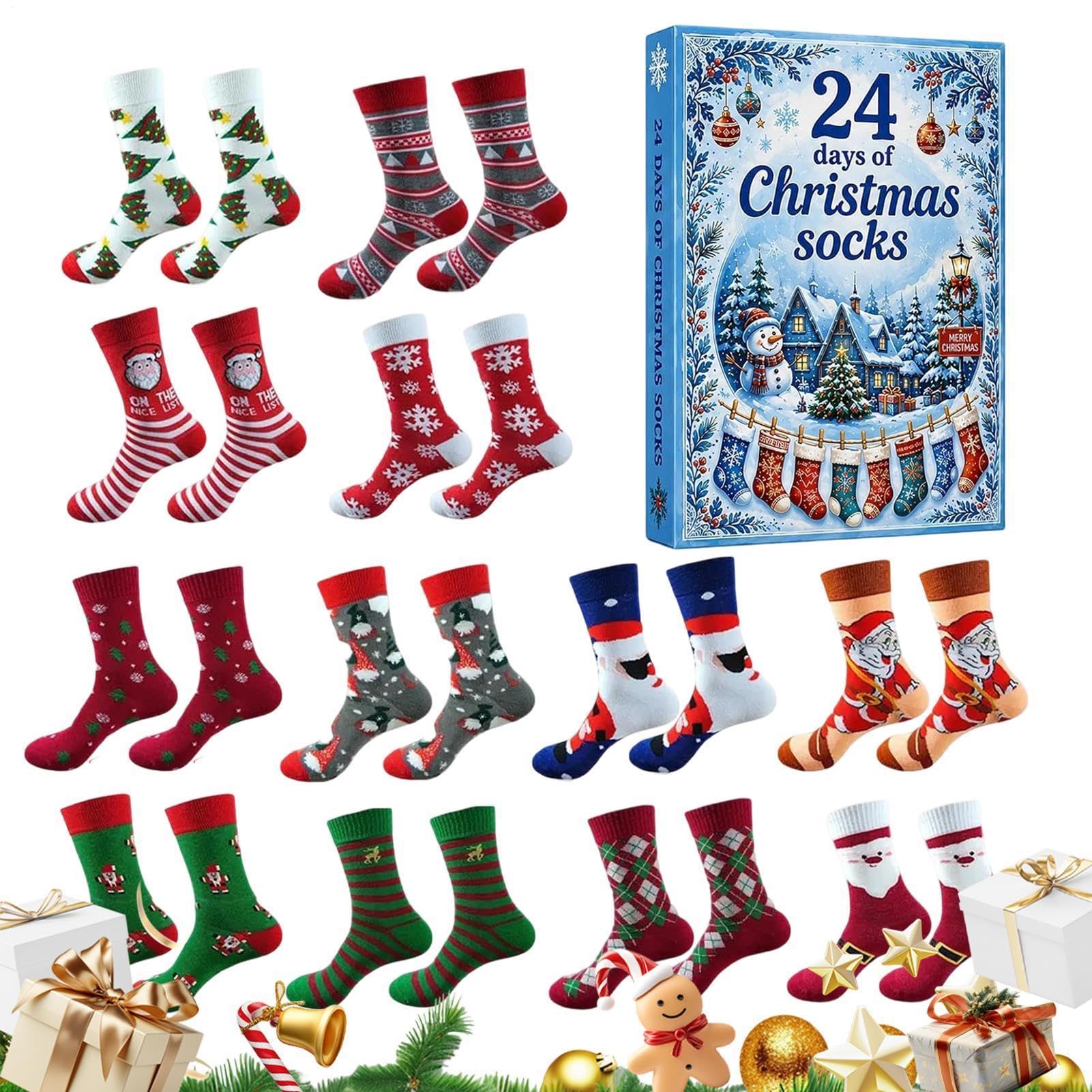 Generisch Adventskalender 12 Paar warme wadenlange Baumwollstrümpfe und